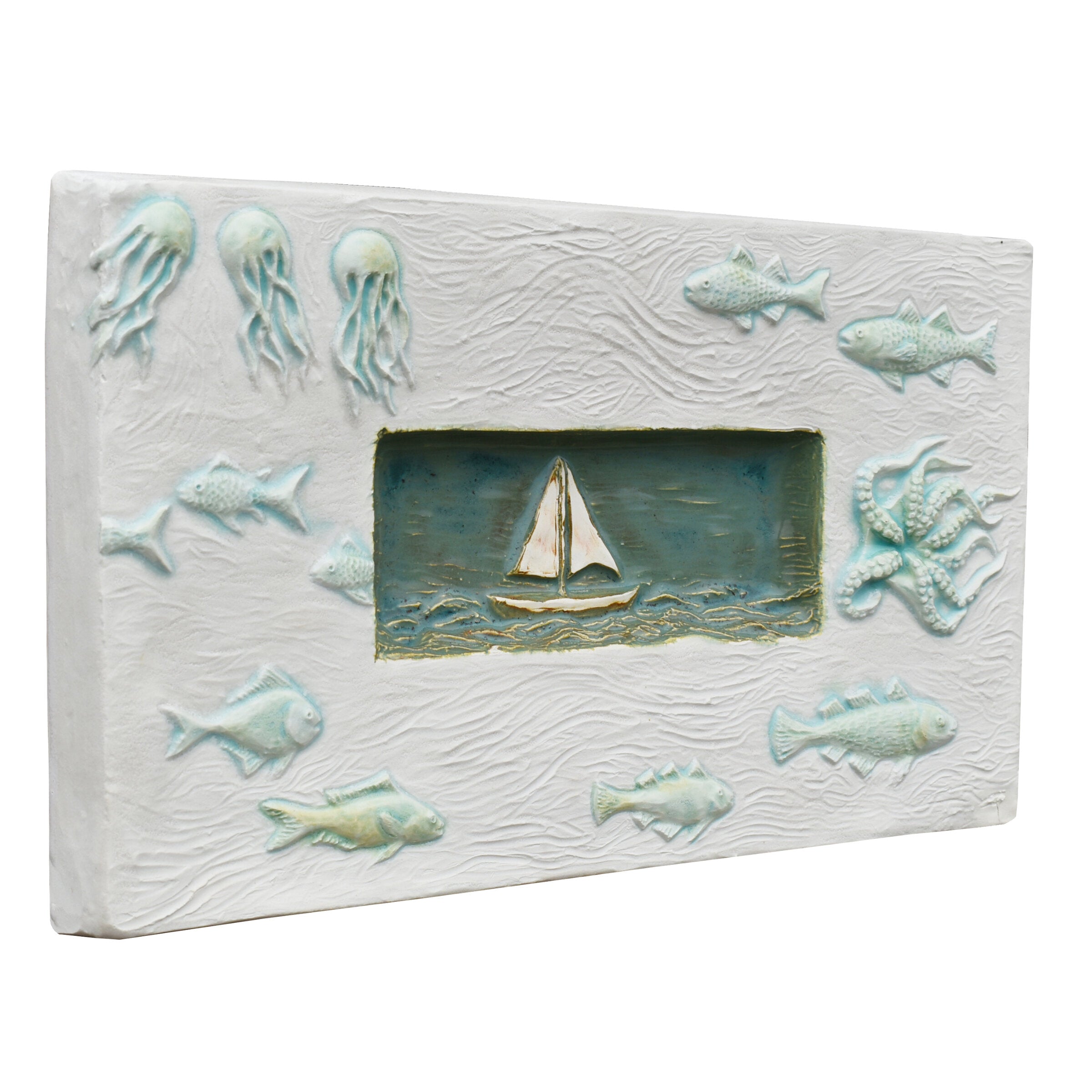 Sail Boat Marine Tile in White Stone and Antique Teal