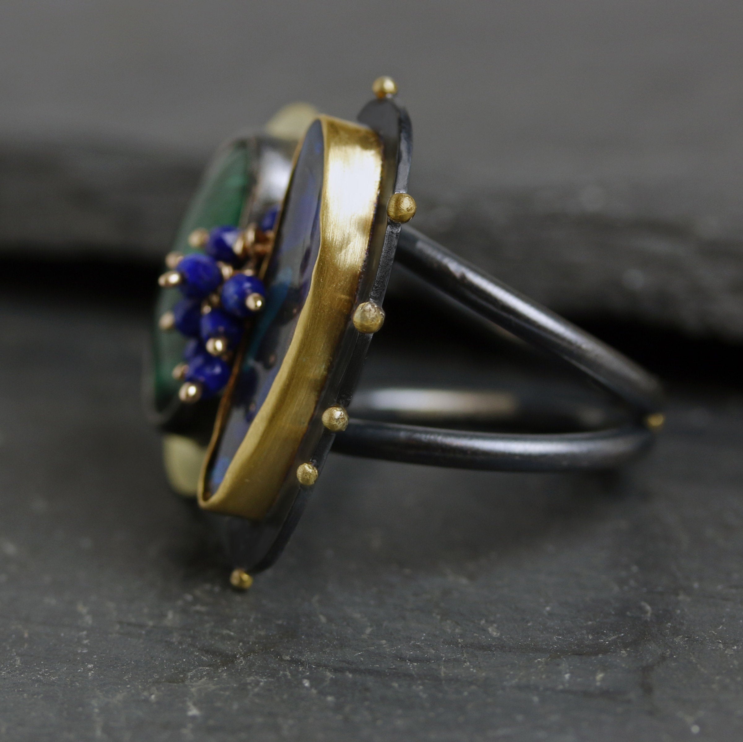 Boulder Opal and Malachite Ring