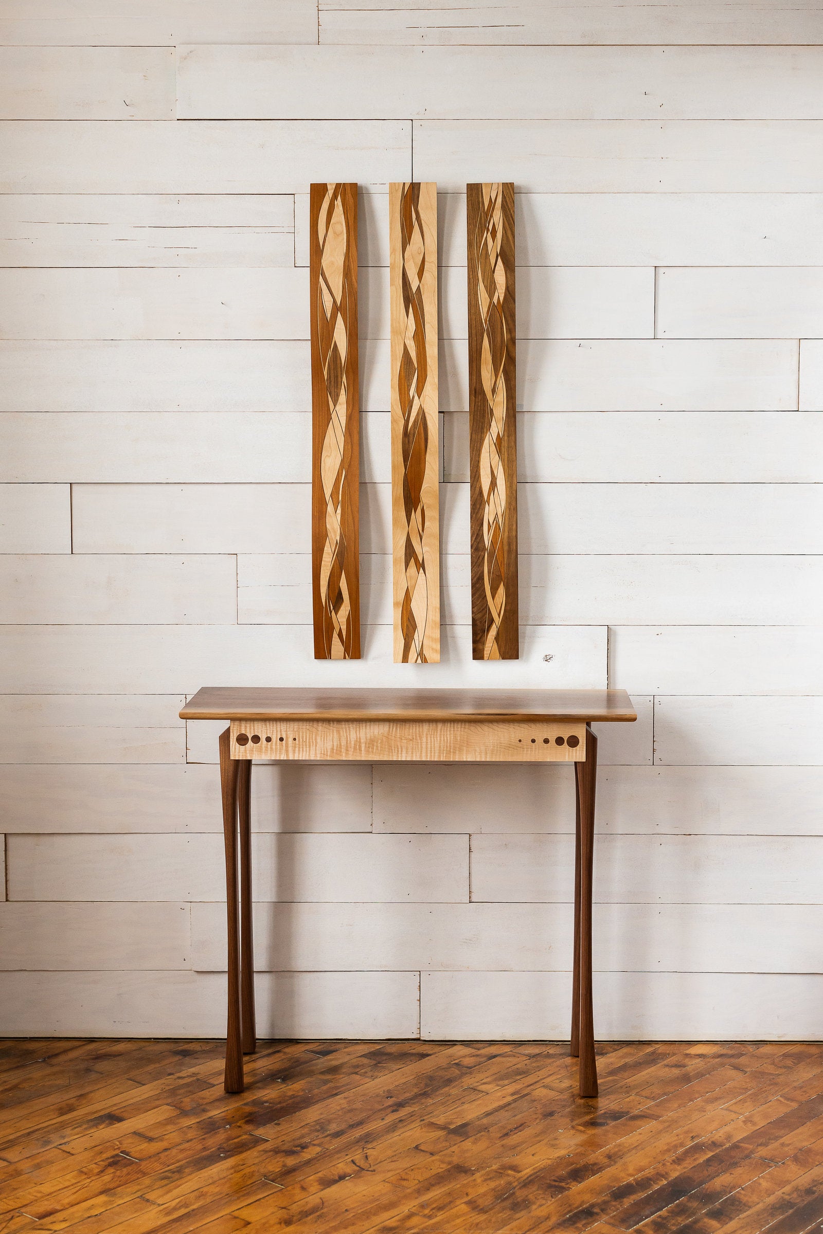 left to right: Walnut edge, flame birch edge, Cherry edge