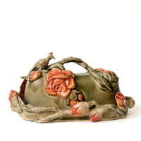 Peacock and Roses Butter Dish in Sage