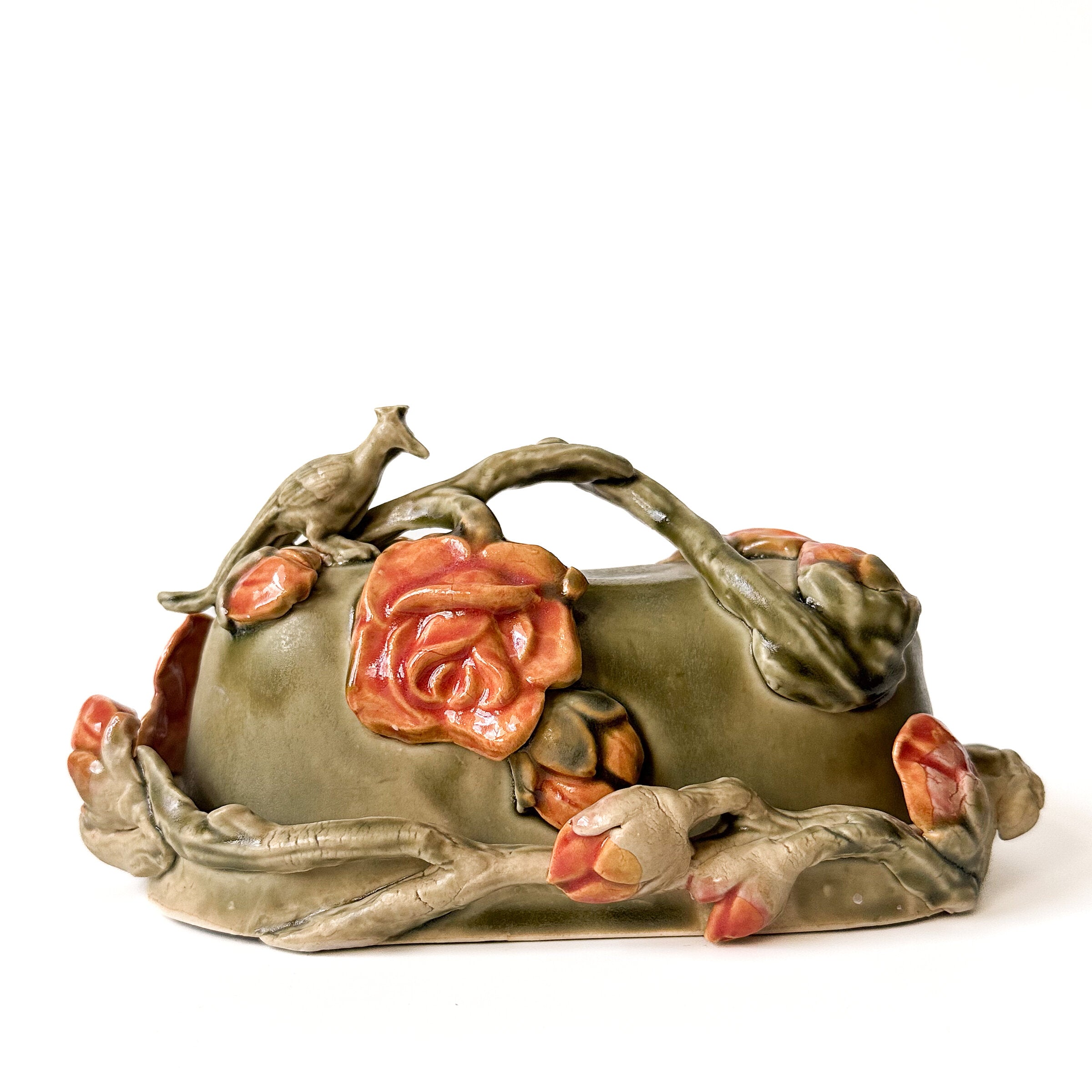Peacock and Roses Butter Dish in Sage