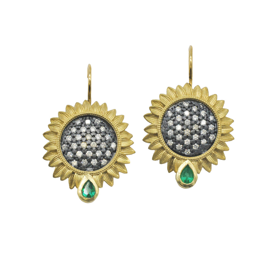 Medium Pave Diamond Sunflower with Emeralds Earrings
