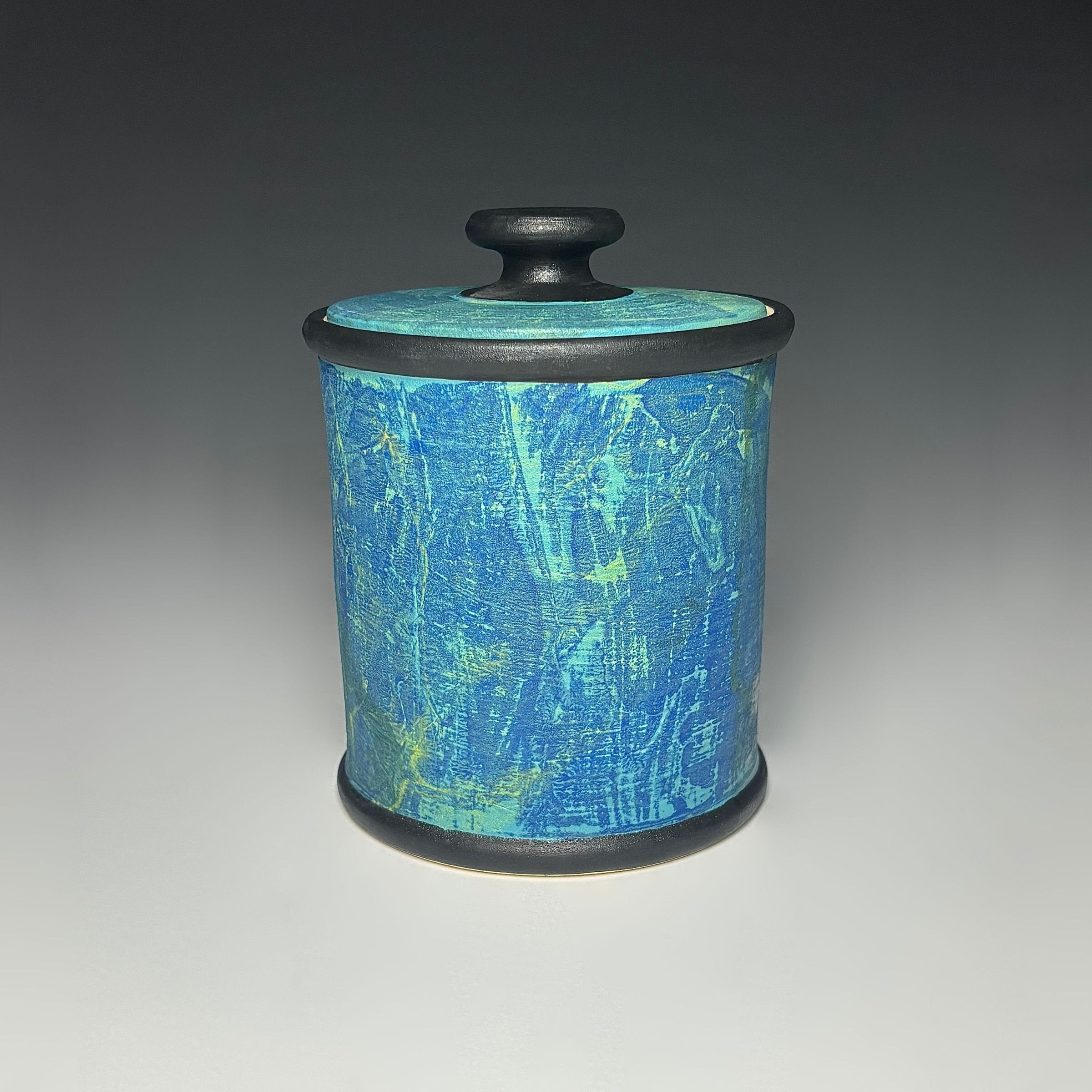 Painterly Lidded Jar in Blue Green Split