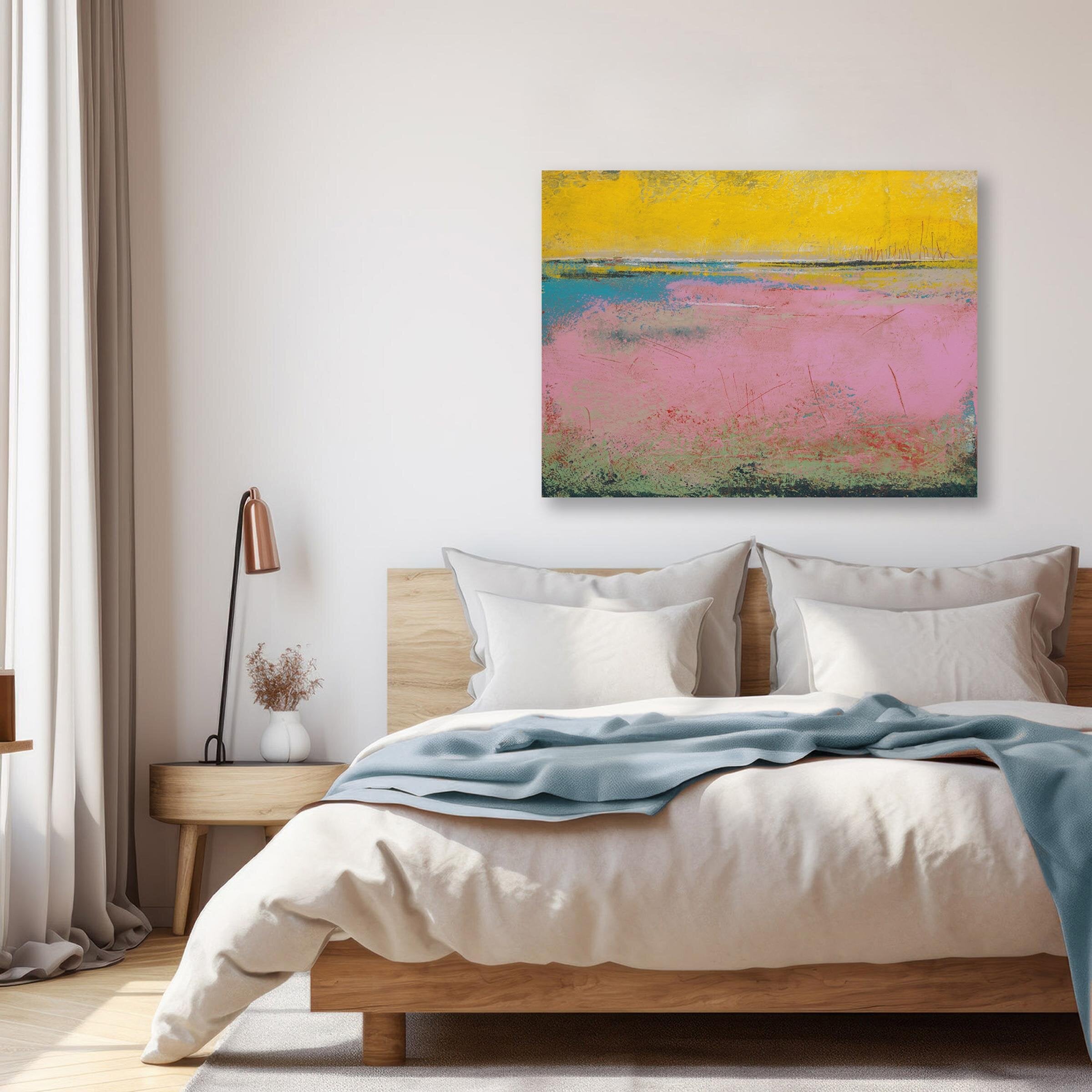 "Flamingo Coast" pink and yellow coastal painting in bedroom