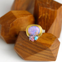 Lilac Crystal Boulder Opal Ring with Multi Cluster