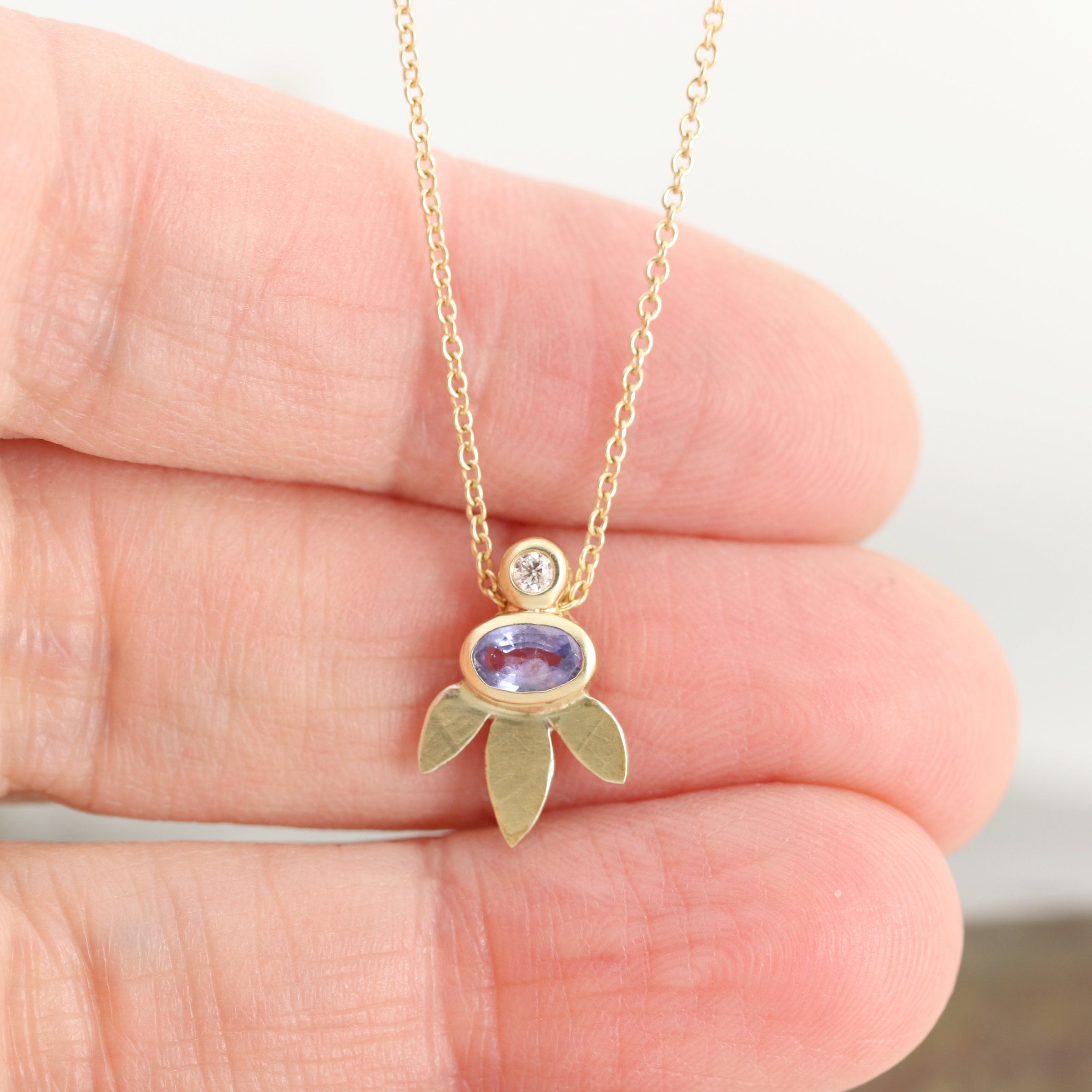 Three Leaf Pendant with Sapphire and Diamond