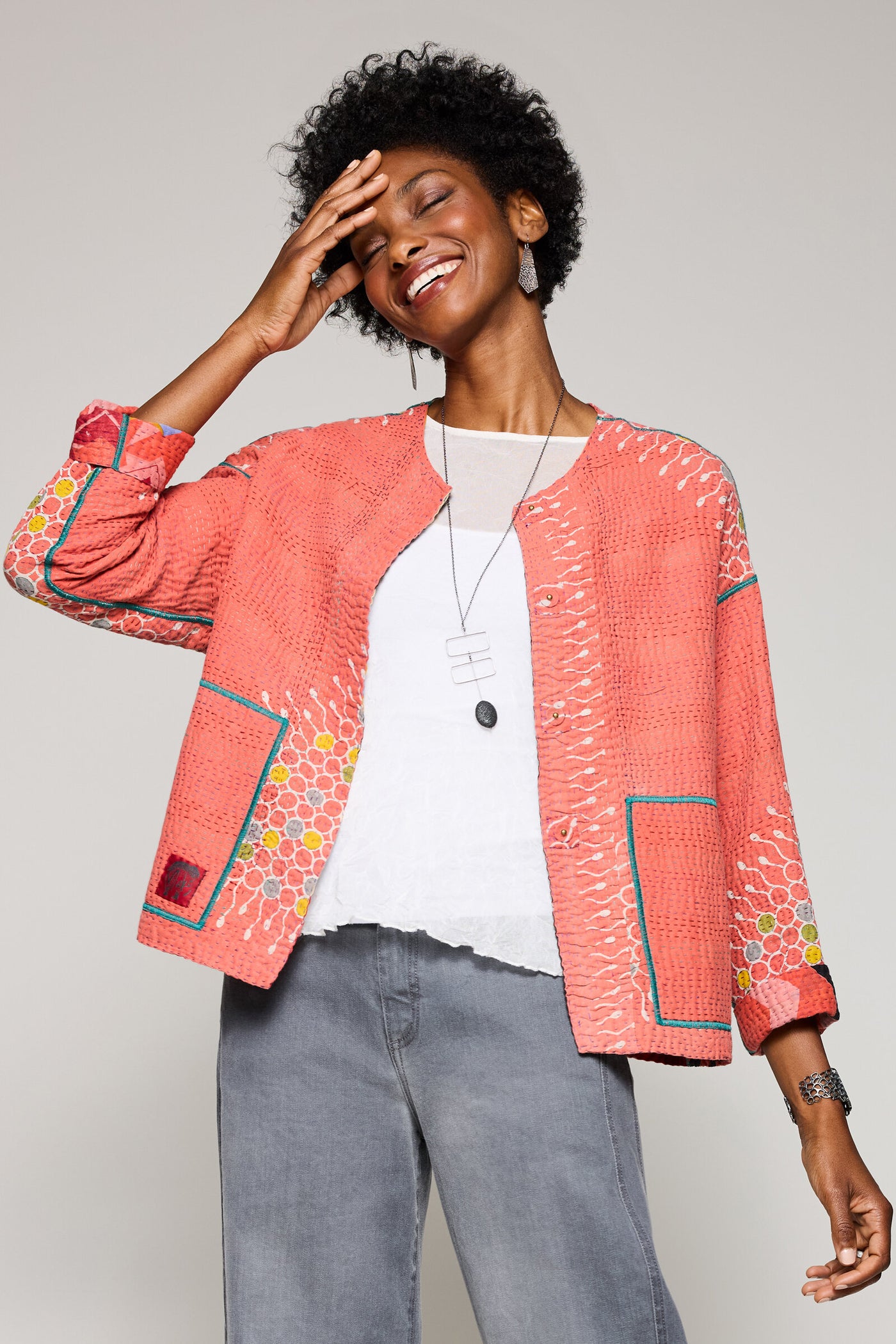 Vintage Cotton Kantha Crew Neck Short Jacket