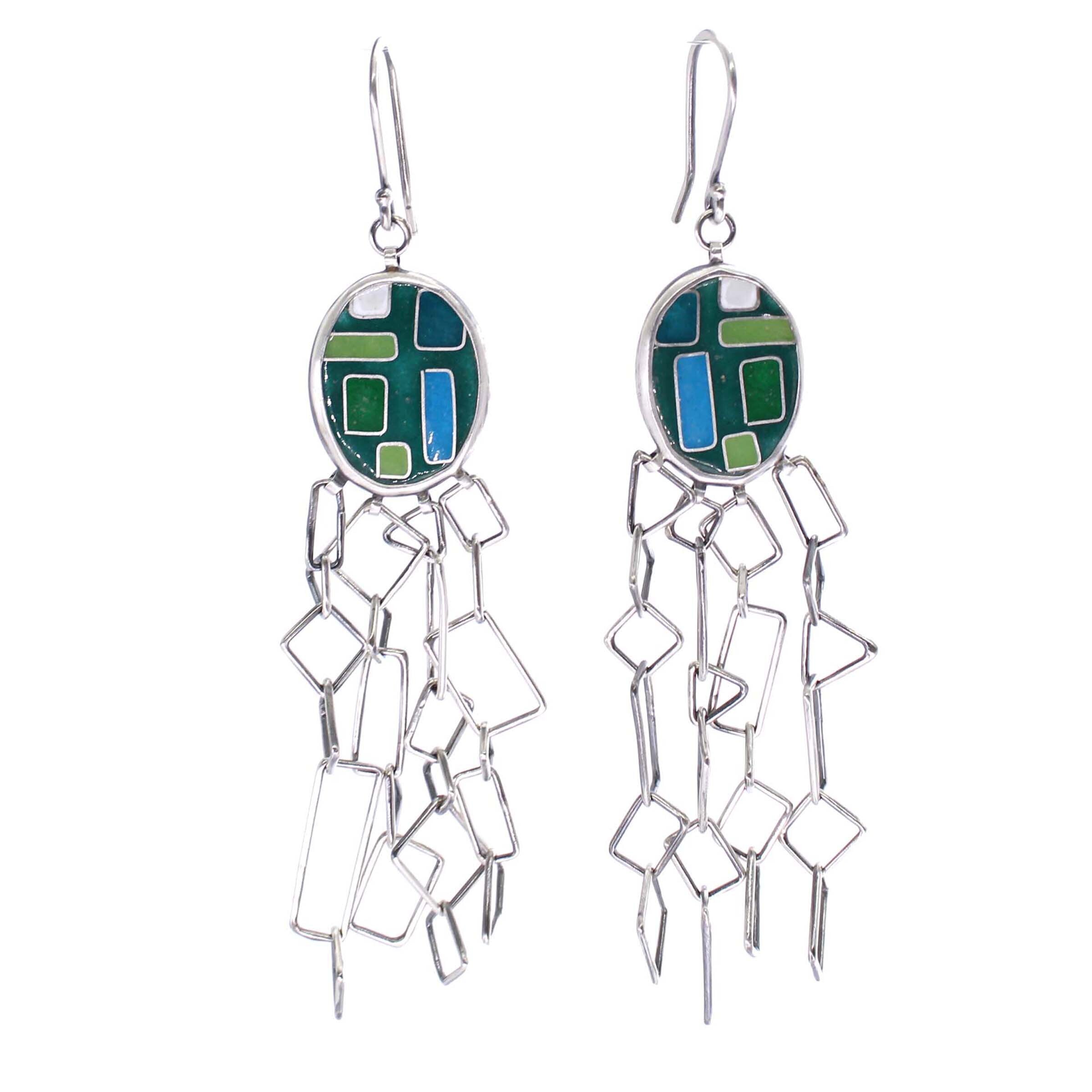 Geometric Green Chain Earrings