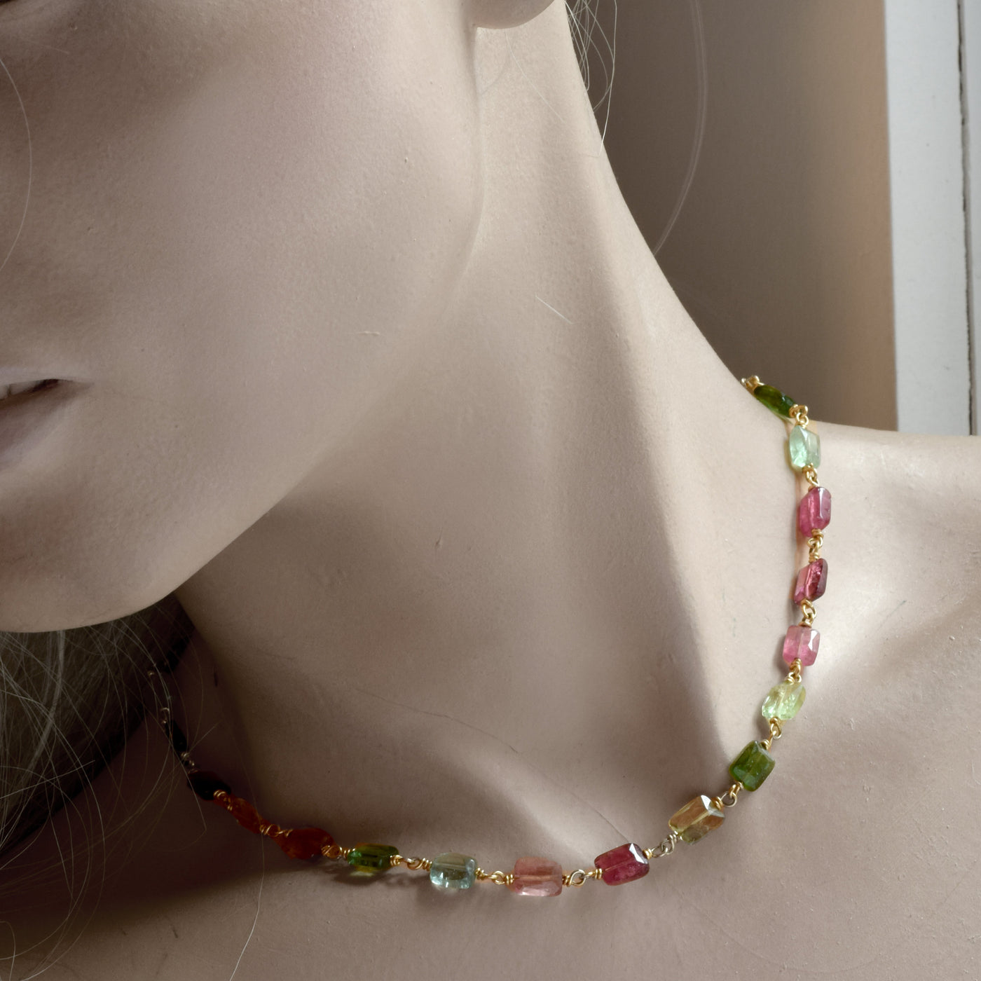 Watermelon Tourmaline Chicklet Gold Choker