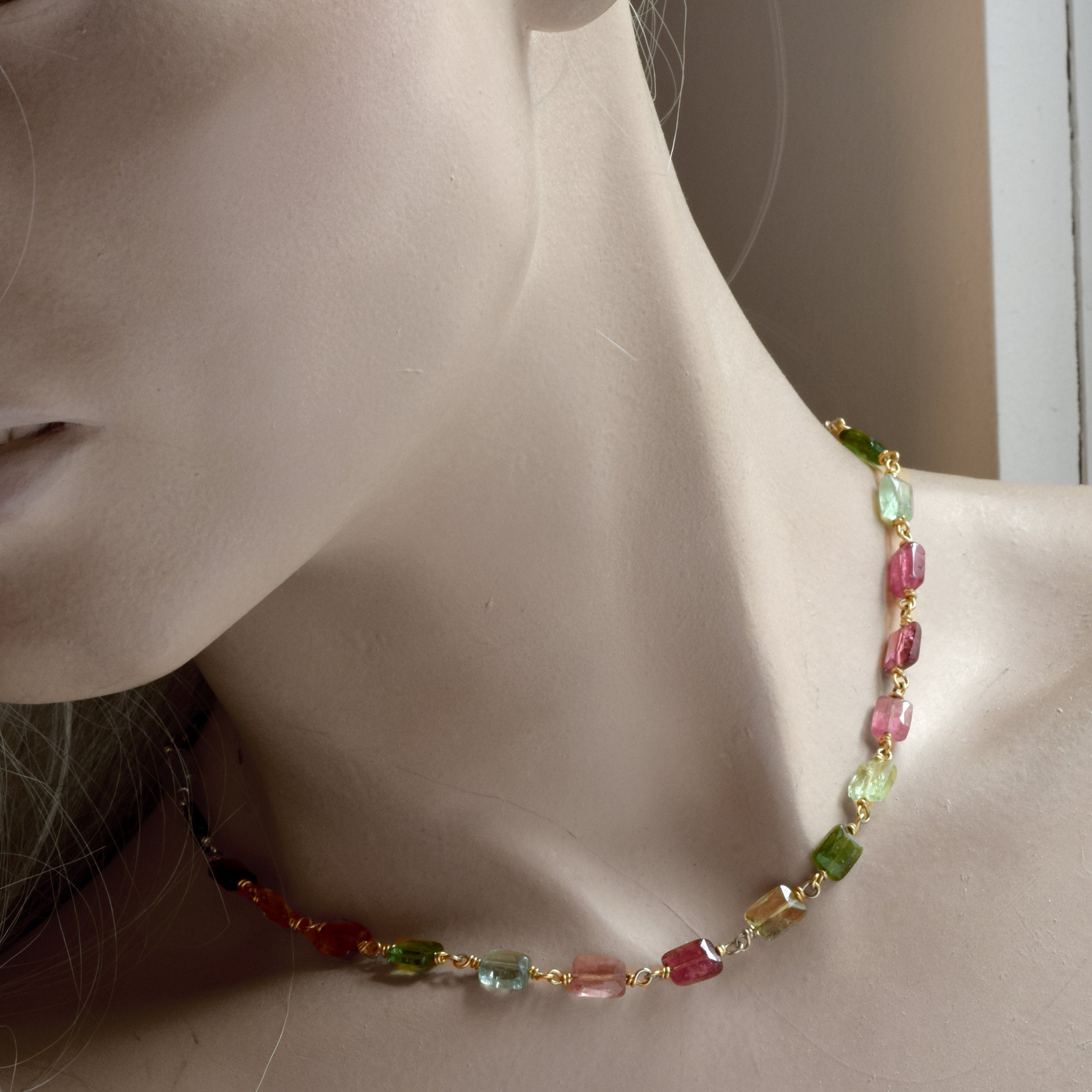 Watermelon Tourmaline Chicklet Gold Choker