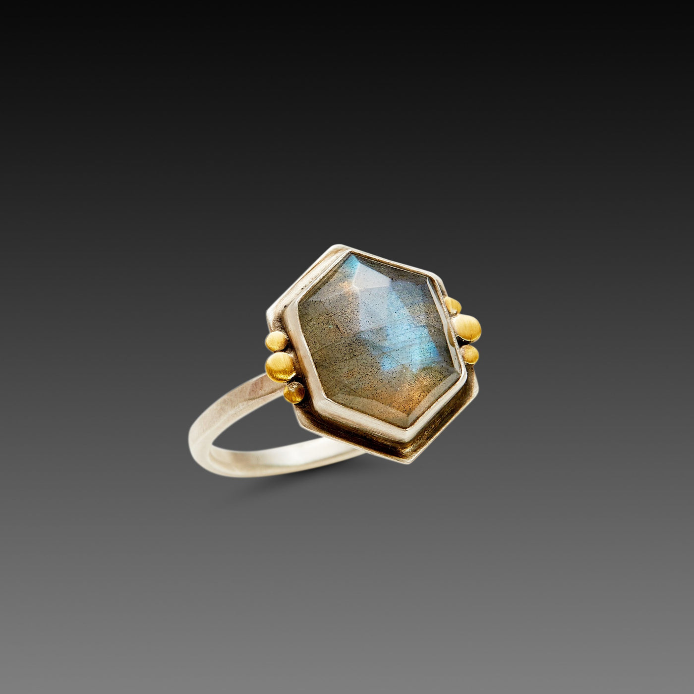 Geometric Labradorite Ring with Six Gold Dots
