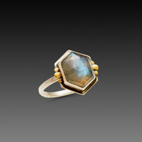 Geometric Labradorite Ring with Six Gold Dots