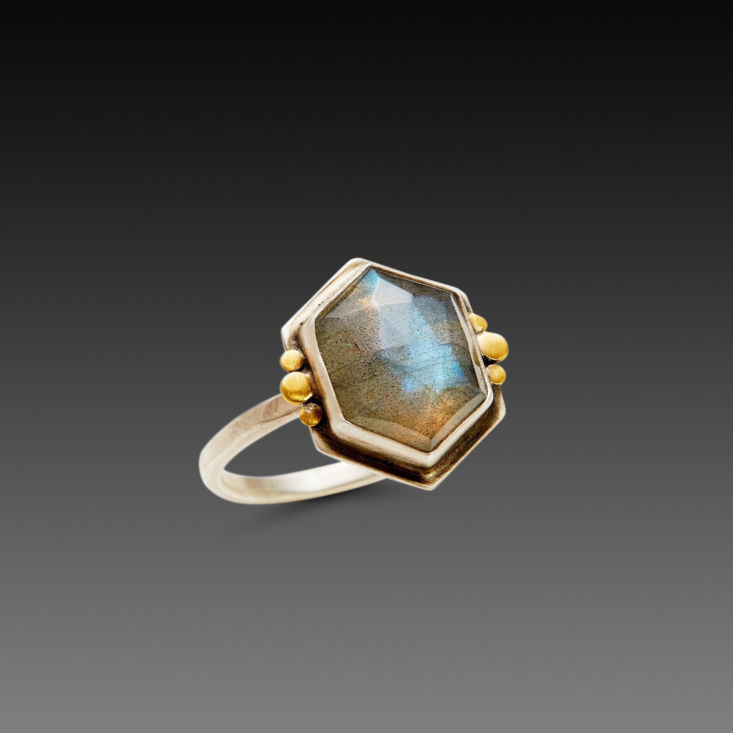 Geometric Labradorite Ring with Six Gold Dots