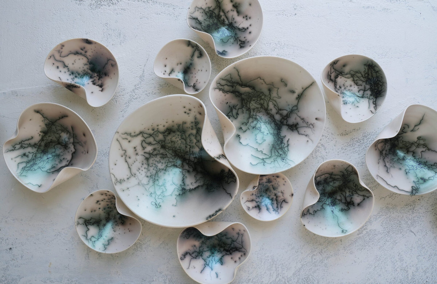 Raku Wall Sculpture Set with Green Luster, 16 Piece