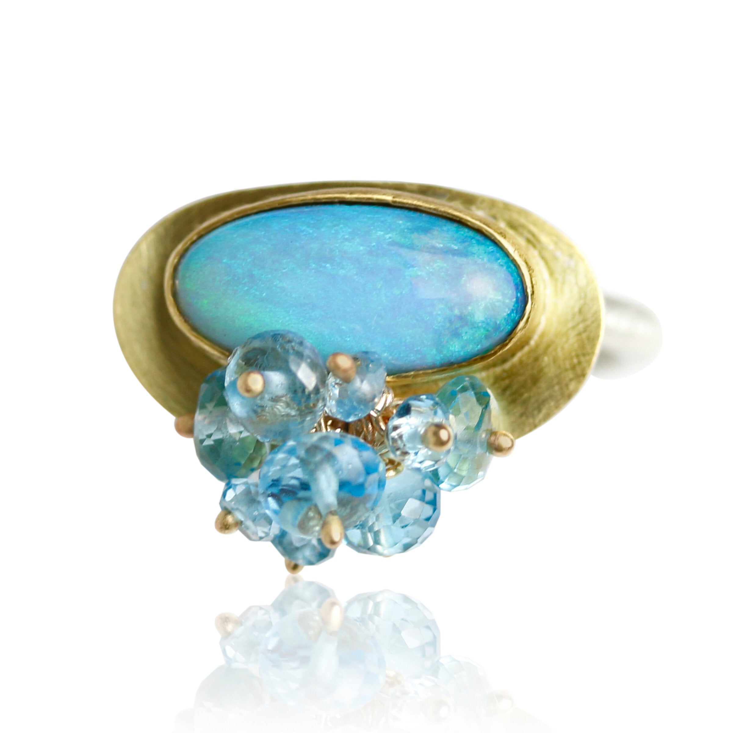 Azure Blue and Green Opal Ring with Fringe