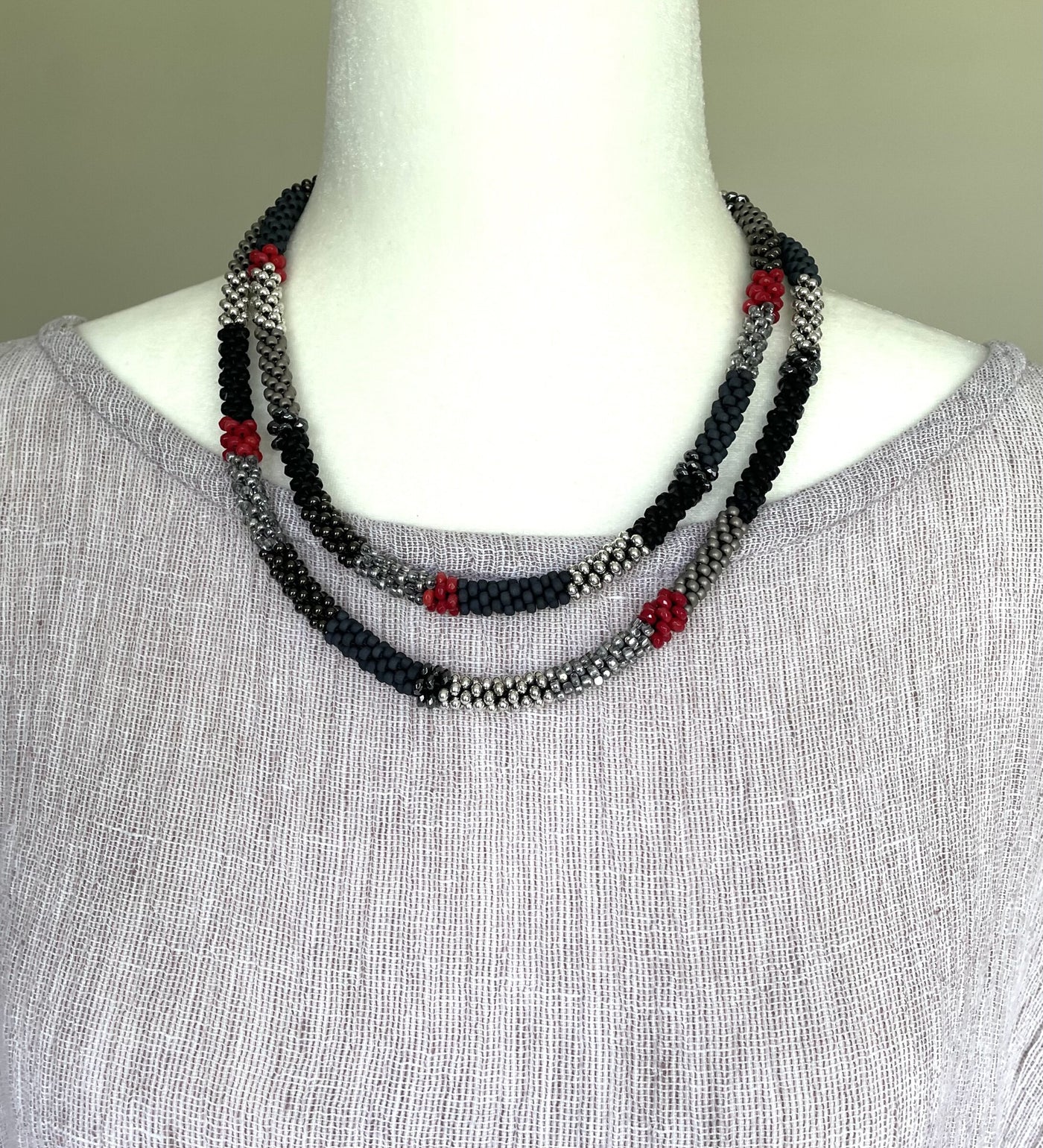 Gray and Black Bead Crochet Necklace