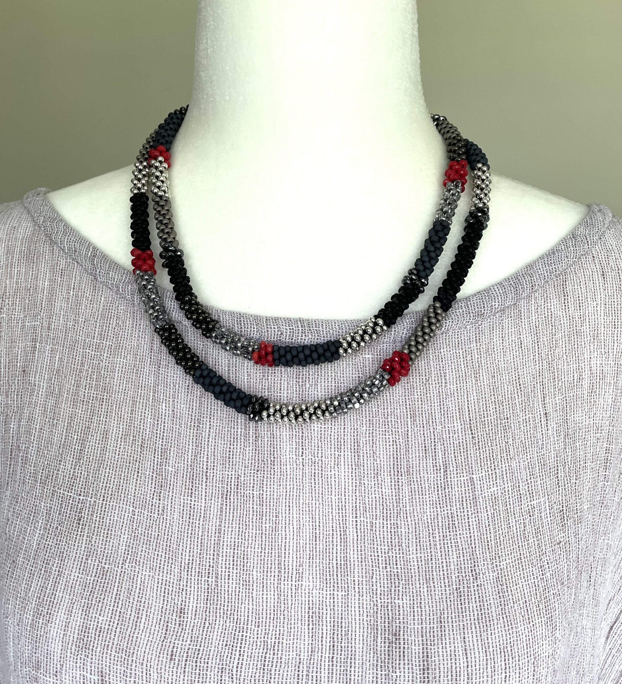 Gray and Black Bead Crochet Necklace
