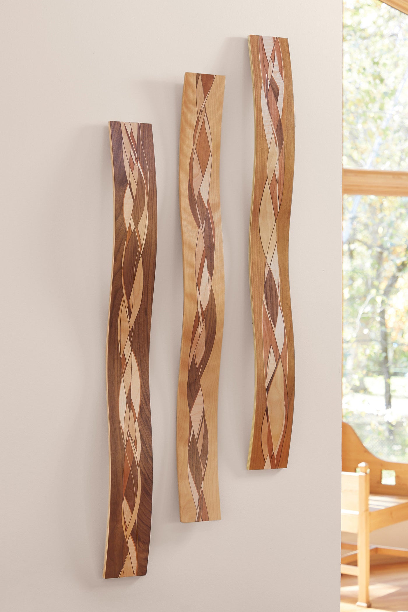 left to right: Walnut edge, flame birch edge, Cherry