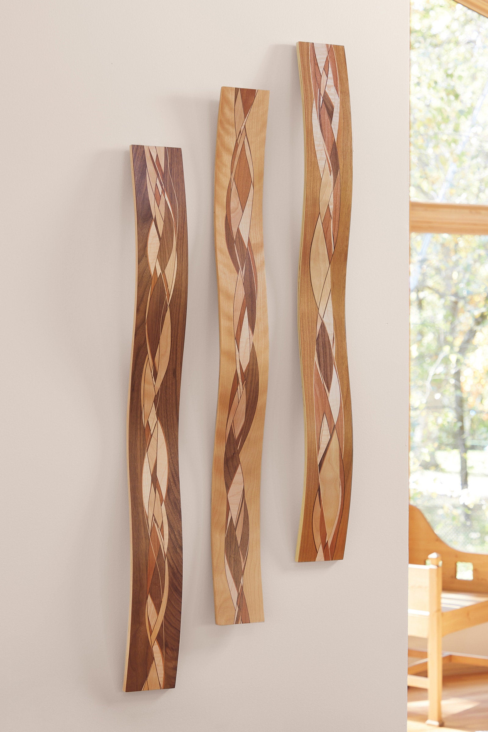 left to right: Walnut edge, flame birch edge, Cherry