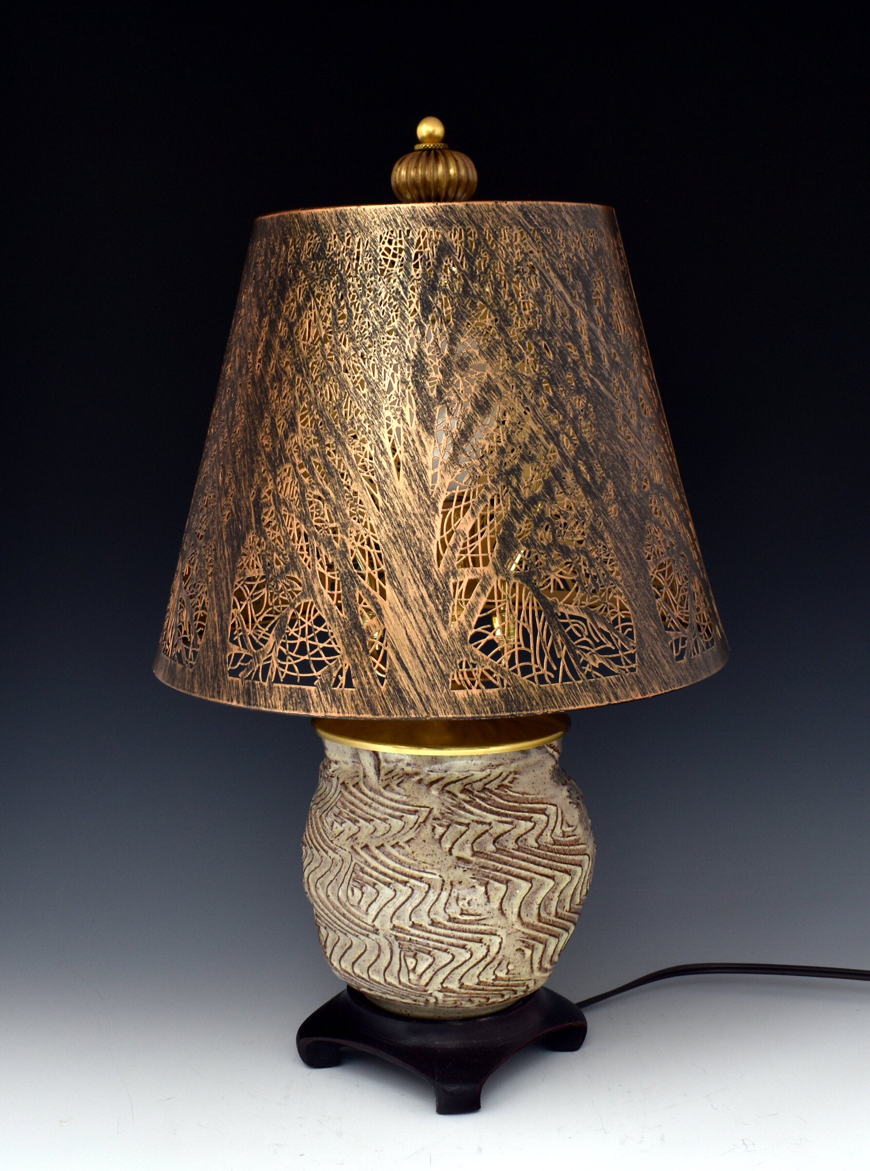 White Carved Stoneware Lamp with Steel Branch Shade