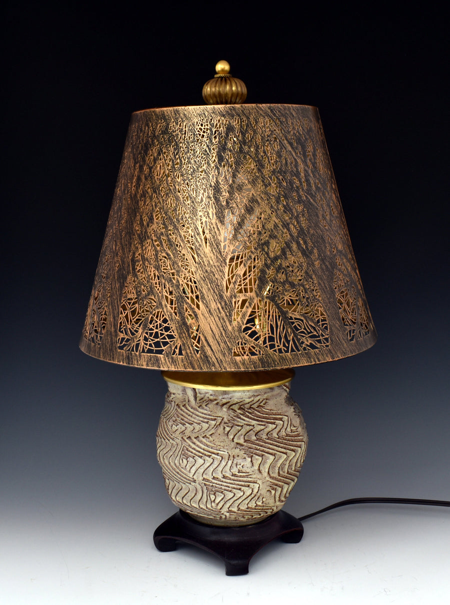 White Carved Stoneware Lamp with Steel Branch Shade