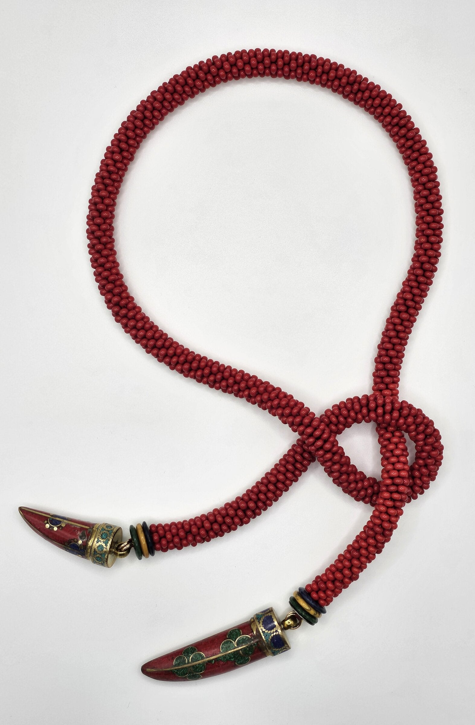 Tibetan Tooth & Red Bead Crocheted Rope