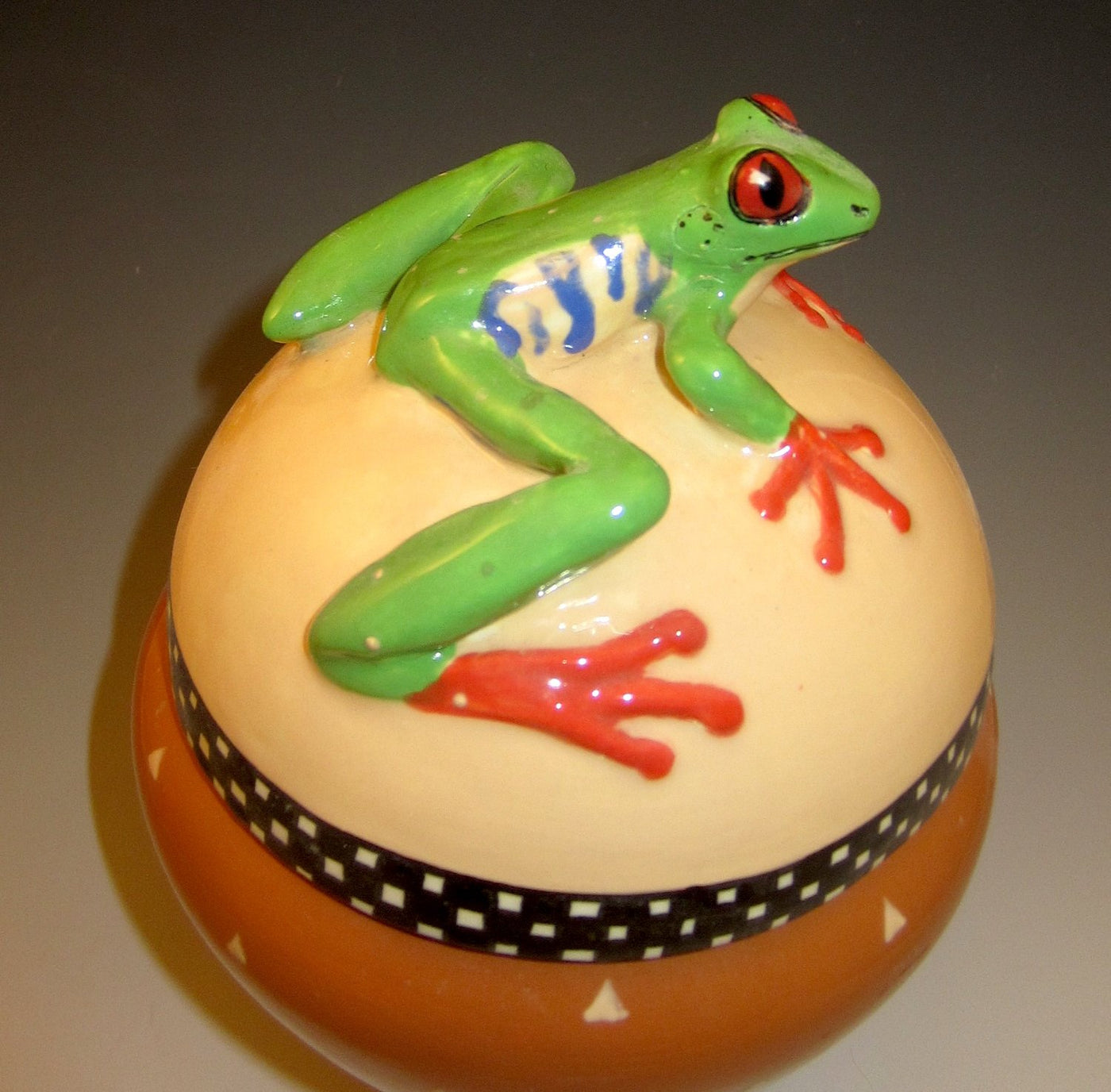 Red Eyed Tree Frog Lidded Jar on Striped Legs