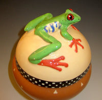 Red Eyed Tree Frog Lidded Jar on Striped Legs