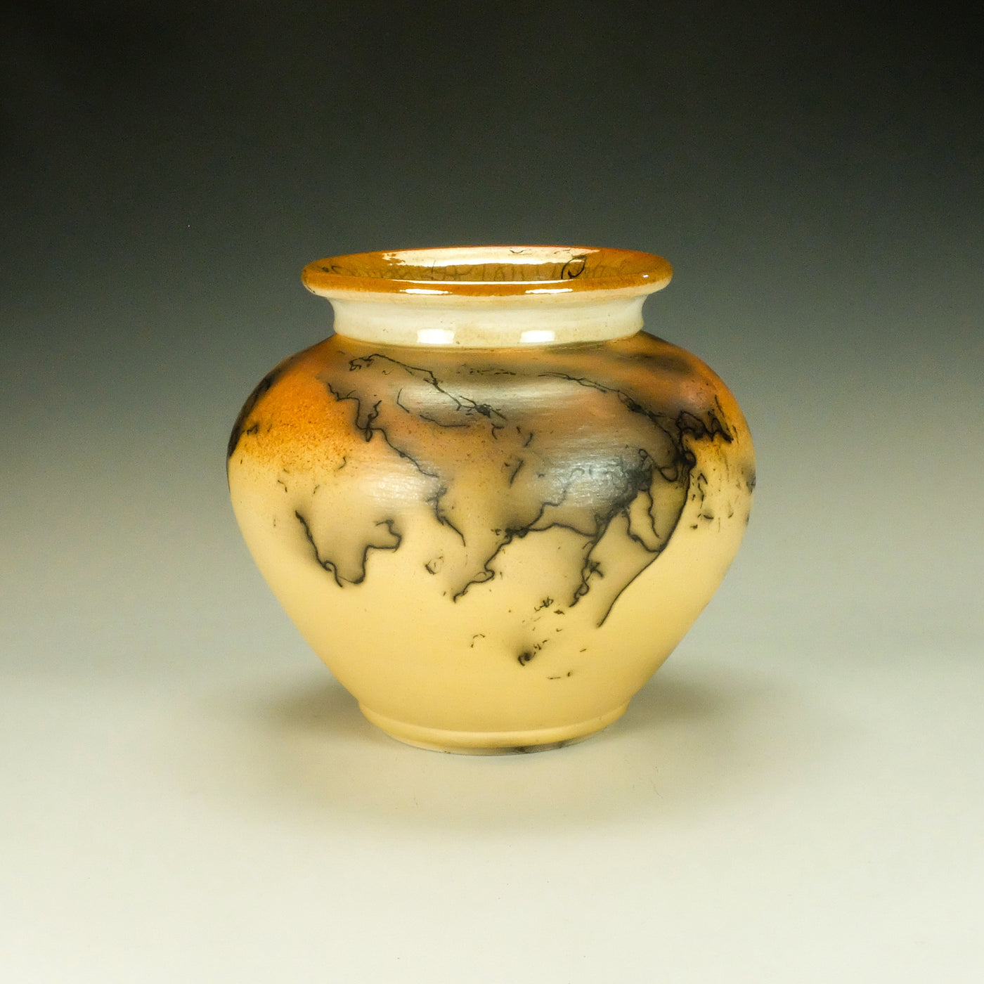 Squat Mustard Yellow and Orange Horsehair Raku Jar