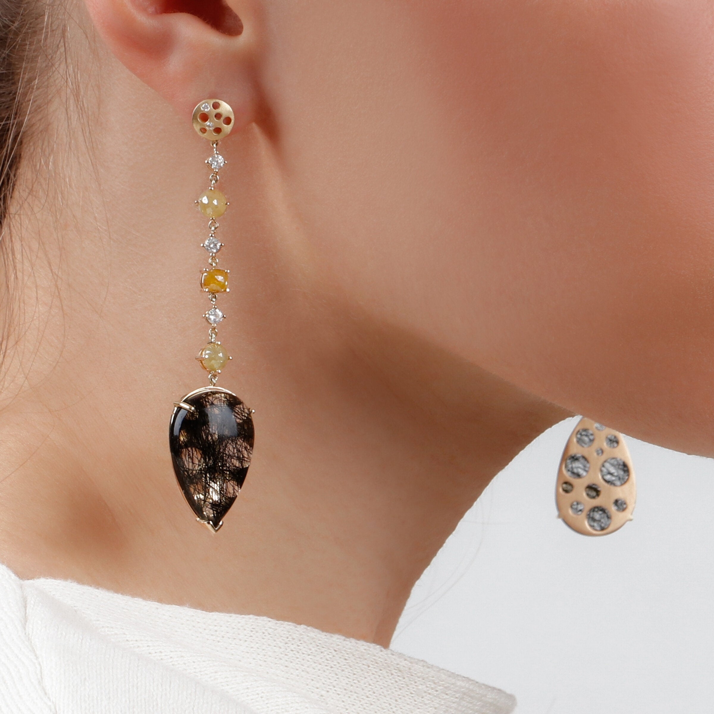 Turning Black Quartz & Diamond Drop Earrings
