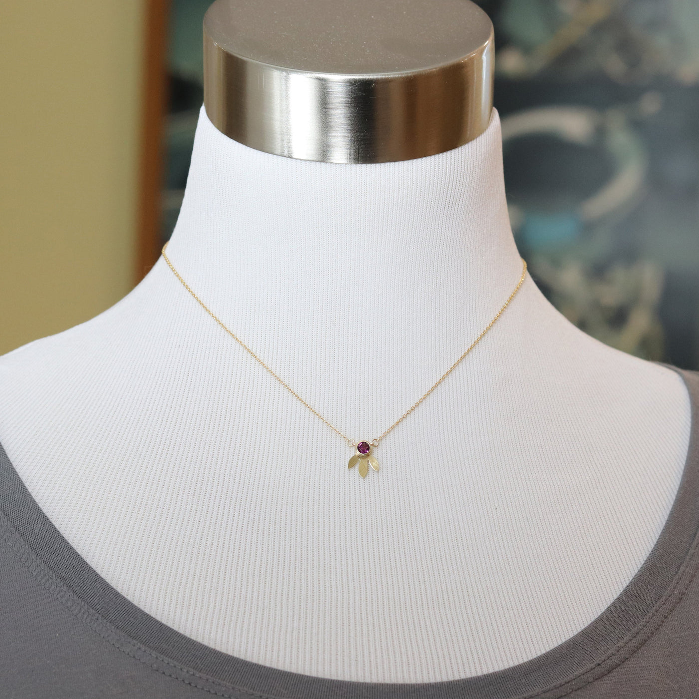 Three Leaf Necklace with Grape Garnet