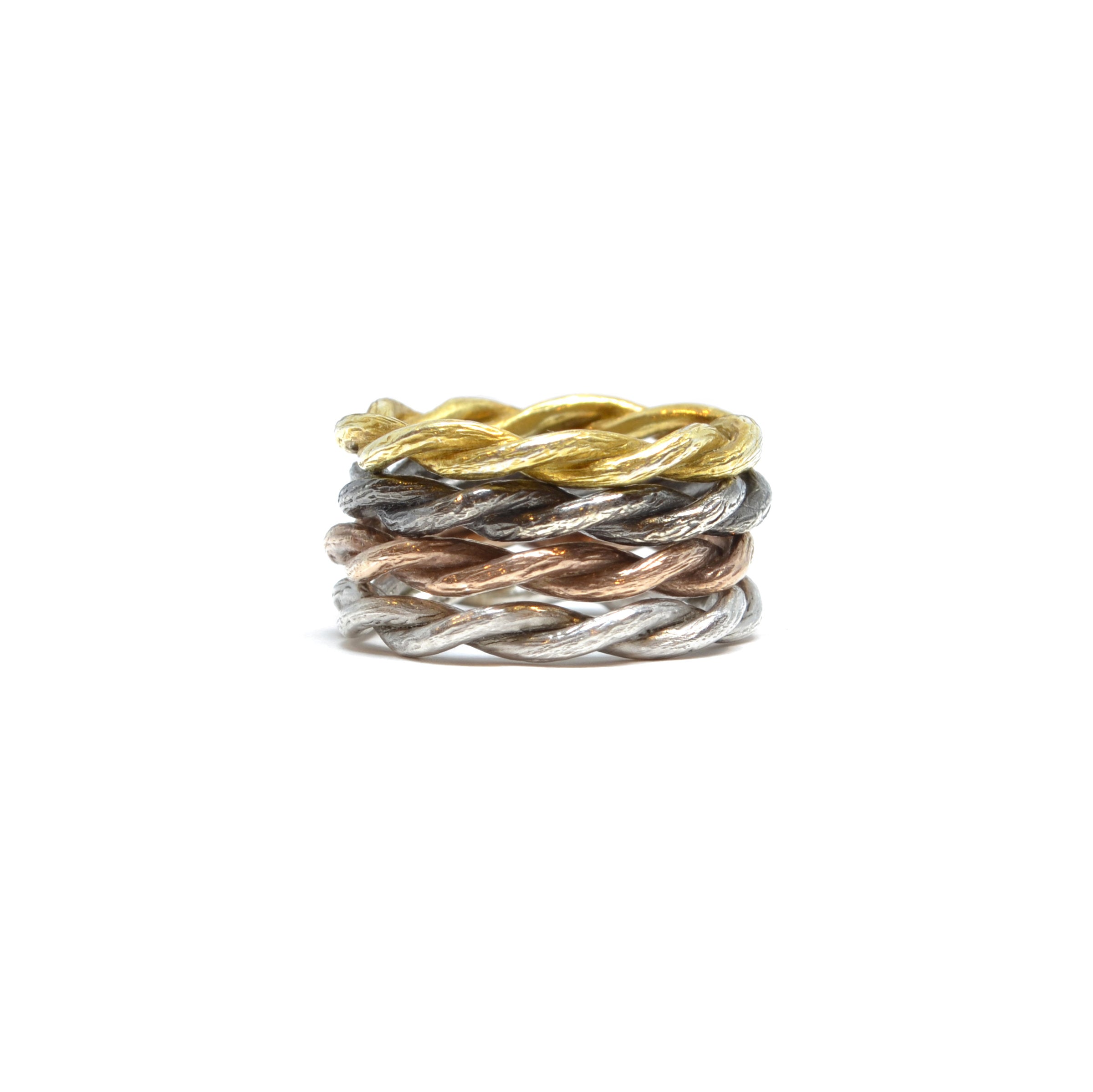 top to bottom: yellow gold, oxidized silver, rose gold, white gold