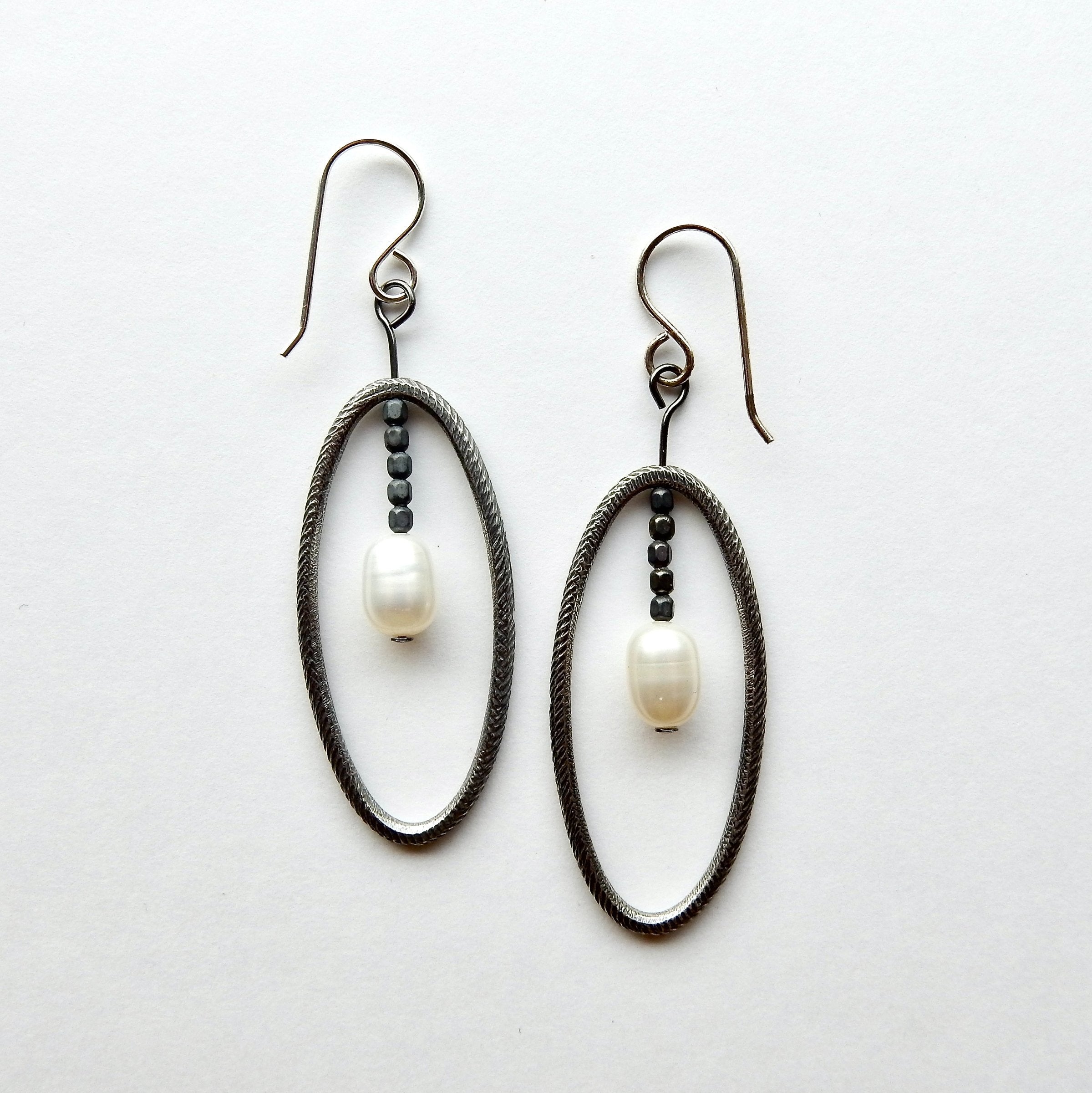 Sterling Silver Oval and Pearl Earrings