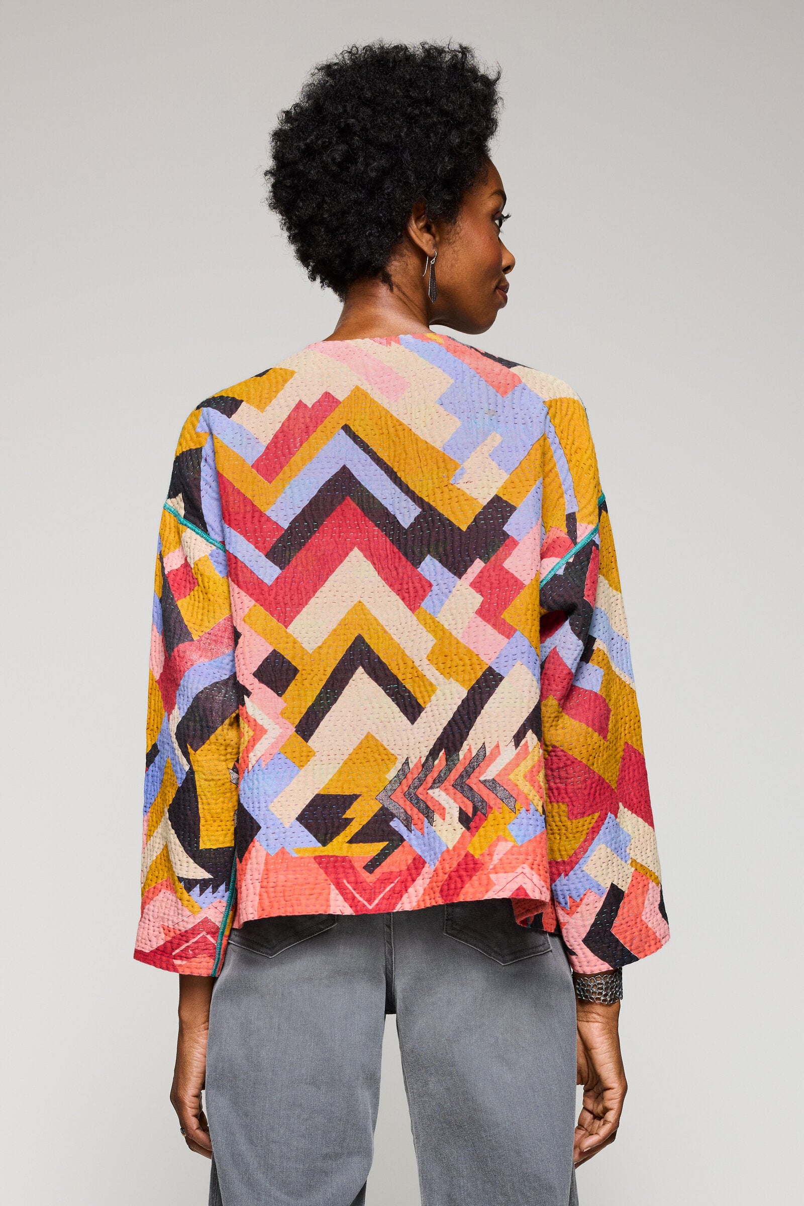 Vintage Cotton Kantha Crew Neck Short Jacket