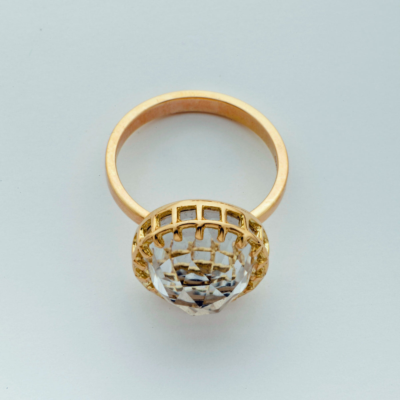 Mesh Prong 14k Ring with Fancy-Cut 12mm Quartz Dome Cabochon