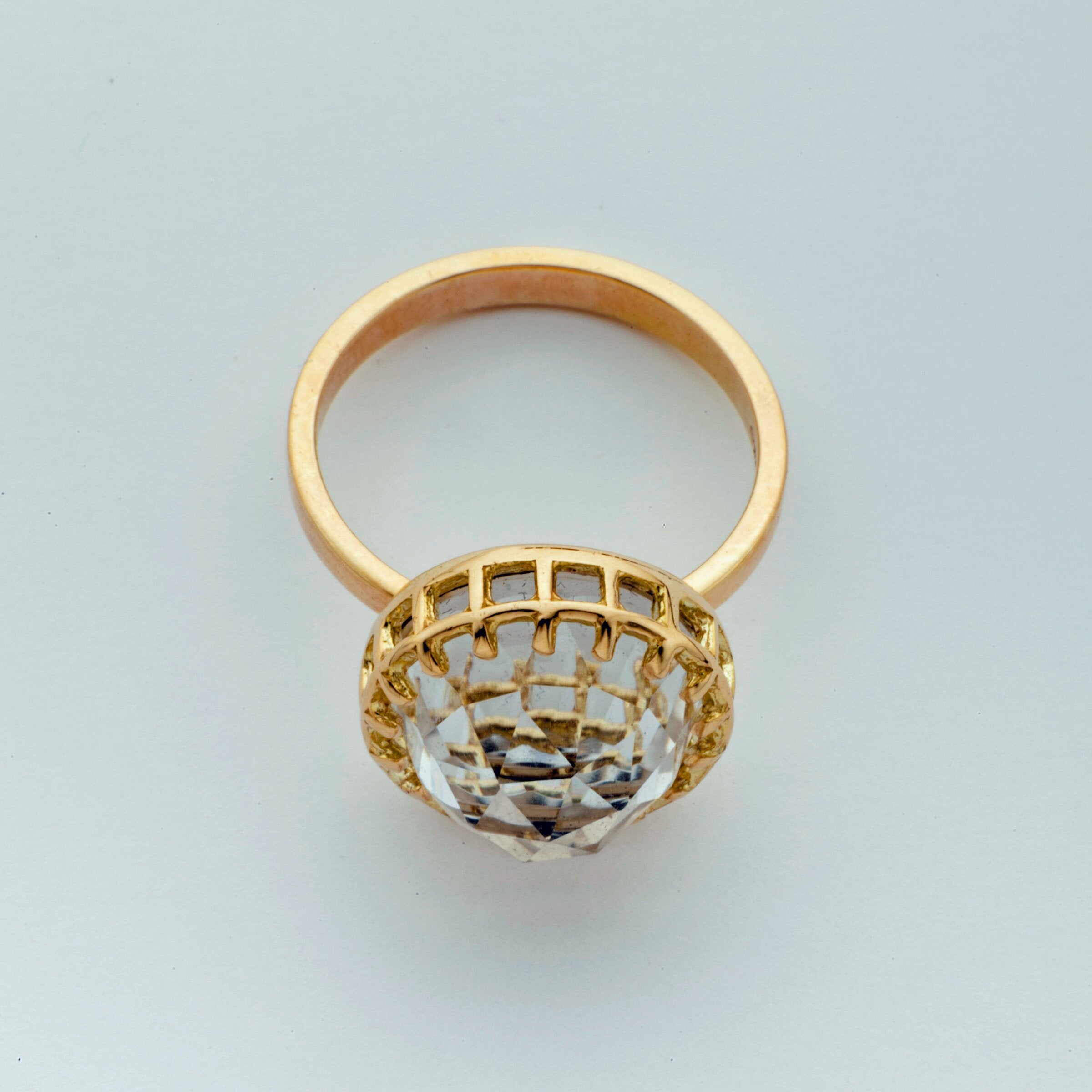Mesh Prong 14k Ring with Fancy-Cut 12mm Quartz Dome Cabochon
