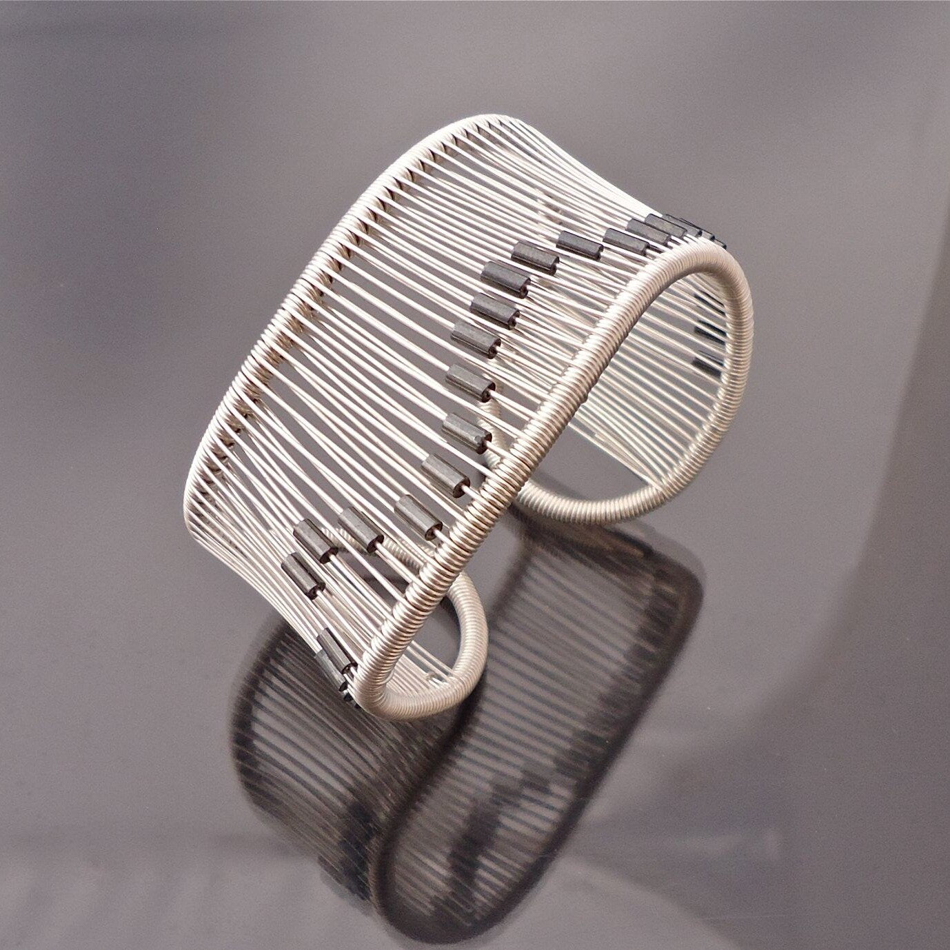 Silver Wave Cuff with Hematite Beads