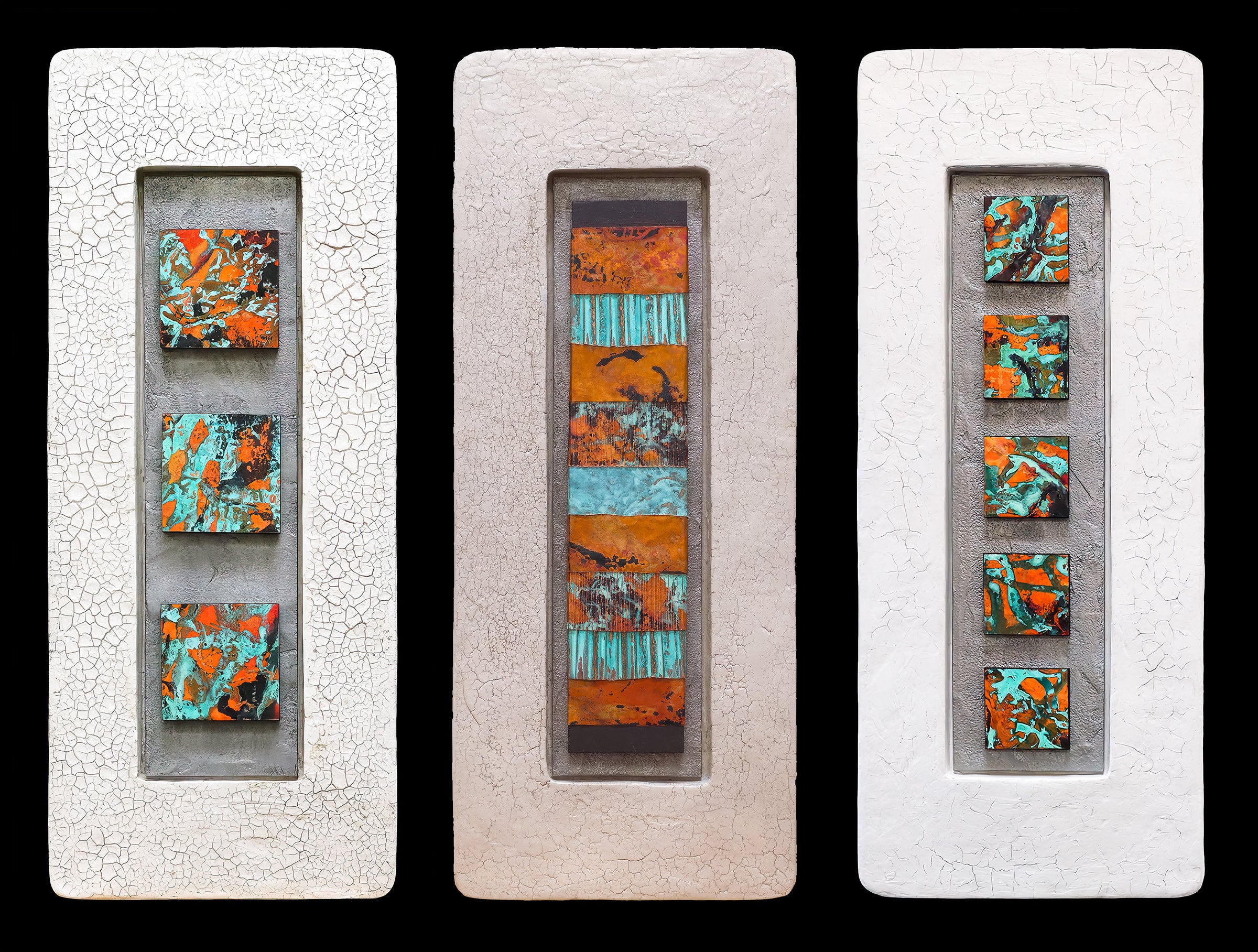  Openings Triptych:  3 Squares / Torn Metal / 5 Square