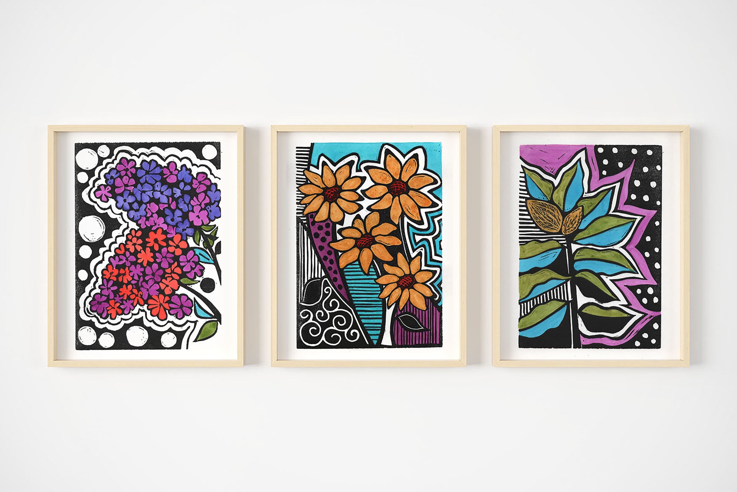 left to right: pop lilac, pop daisy, pop milkweed
