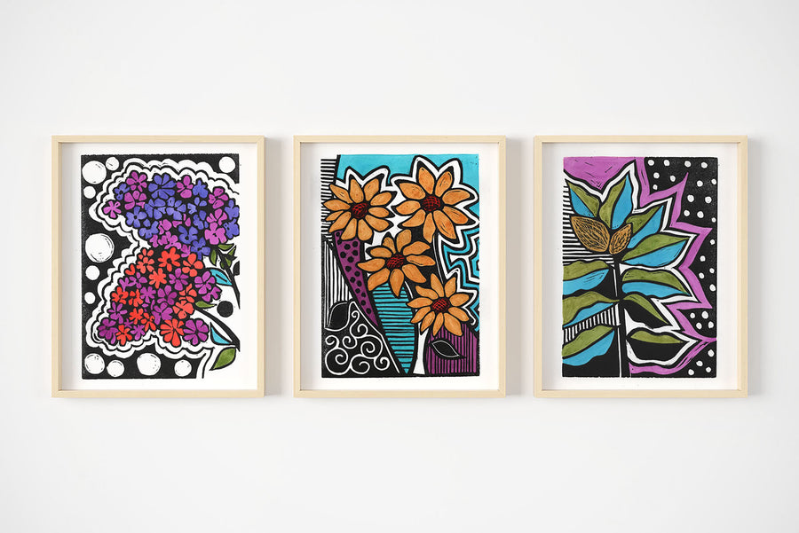 left to right: pop lilac, pop daisy, pop milkweed