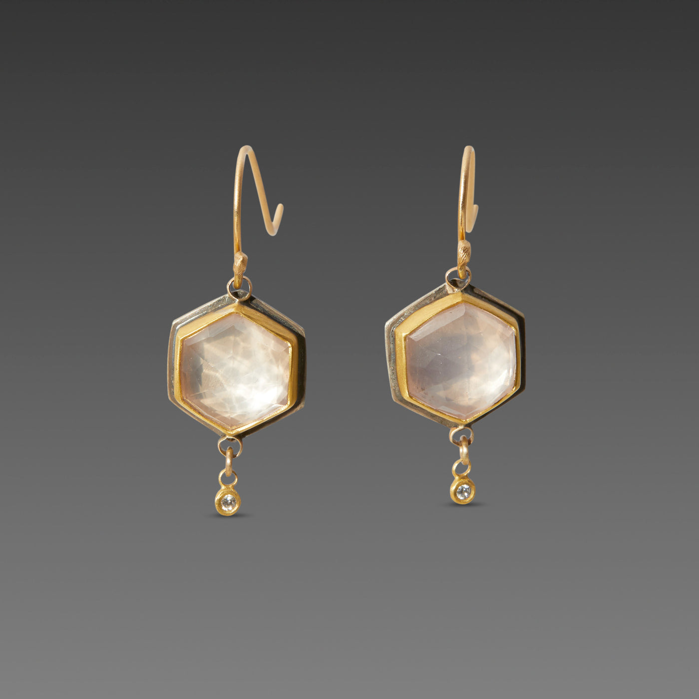 Rose Quartz Earrings with Diamond Drops
