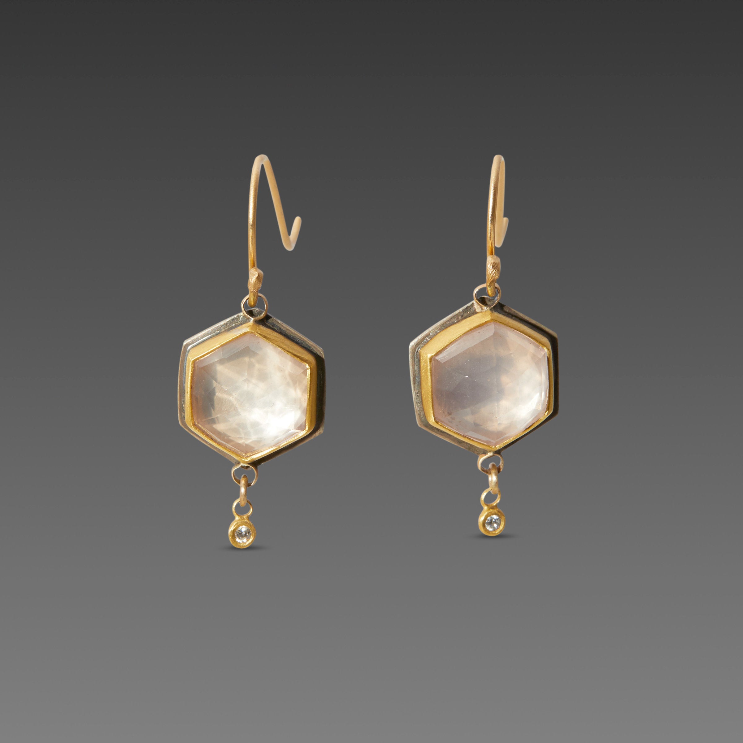 Rose Quartz Earrings with Diamond Drops