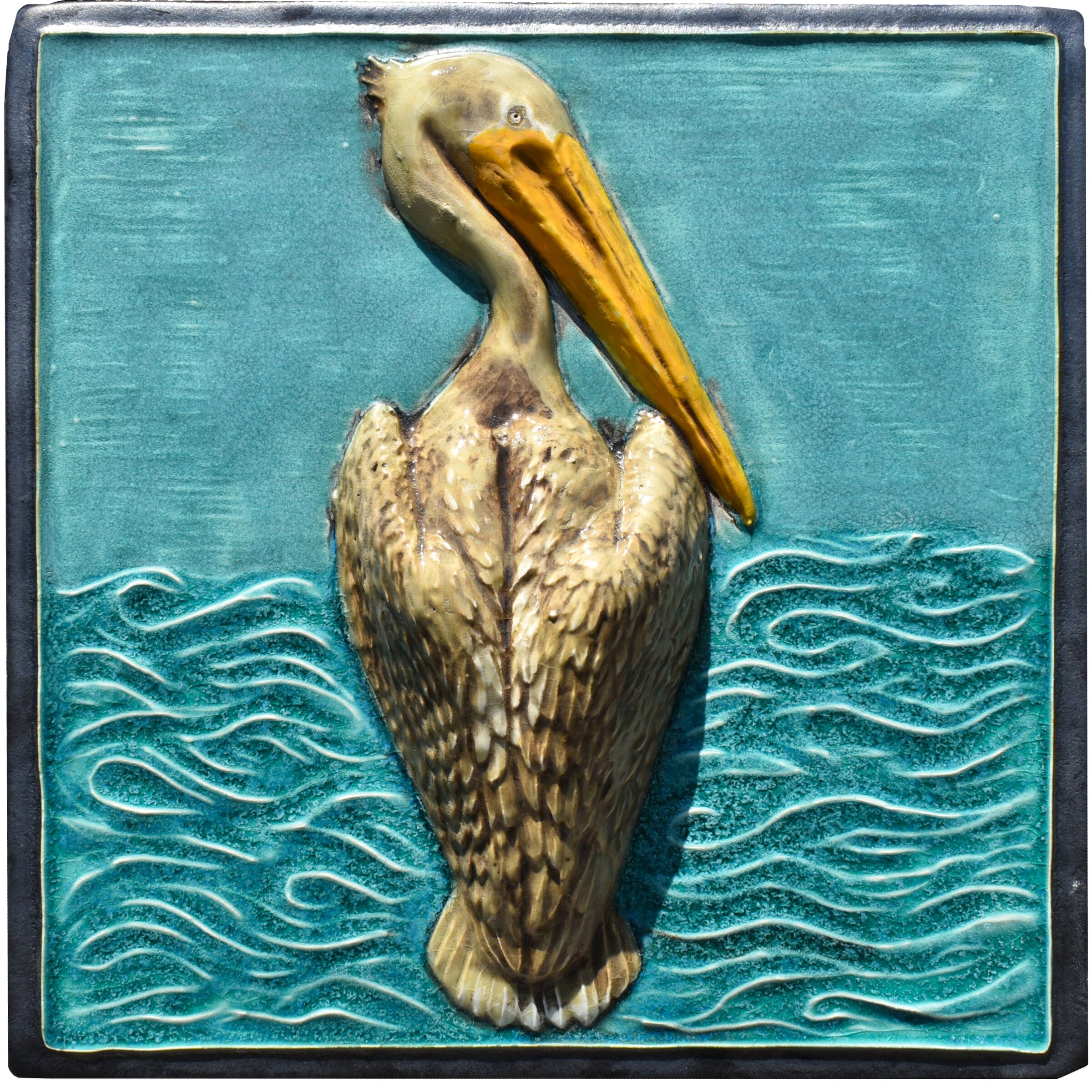 Pelican Sculptural Tile in Seafoam with Steel Matte Border