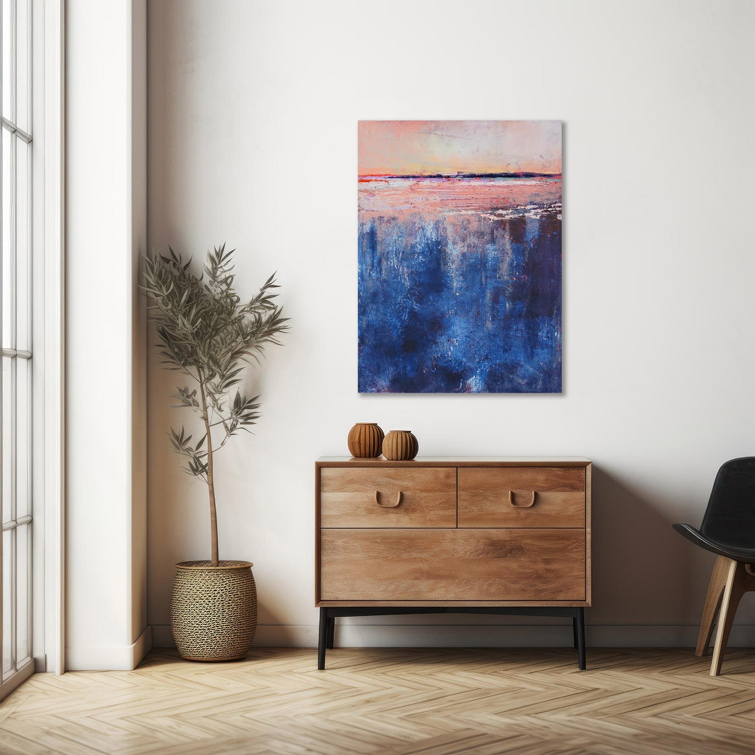 "Blue Curacao" blue and pink coastal abstract art in hallway