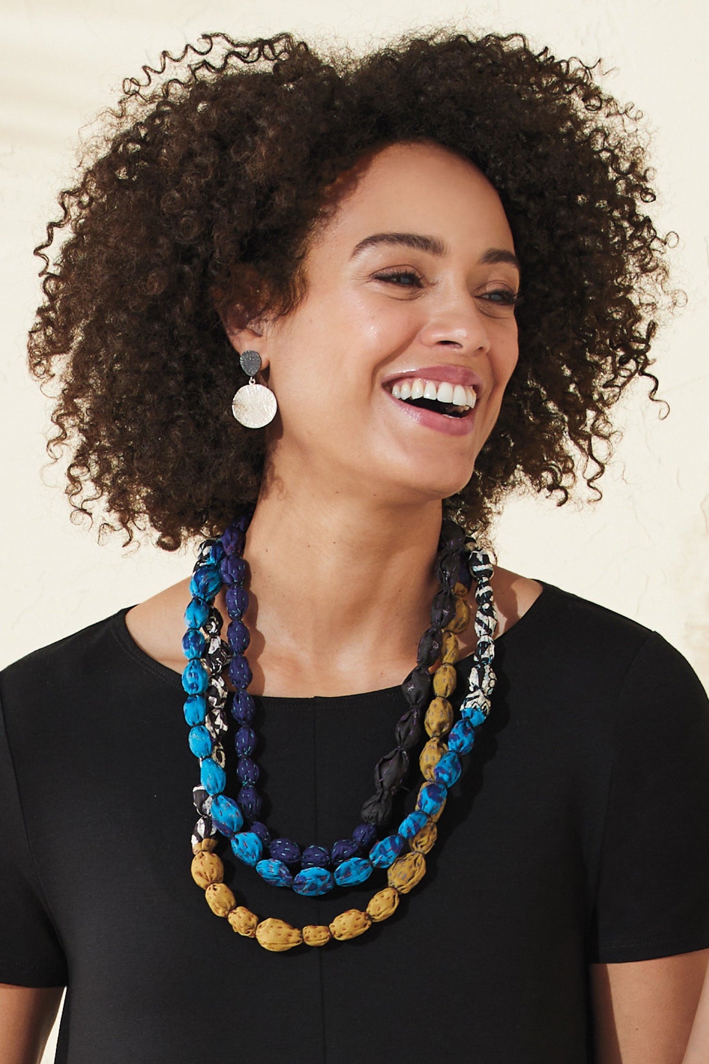 Shown with Tie-Beads Long Necklace in Topkapi Blue by Mieko Mintz