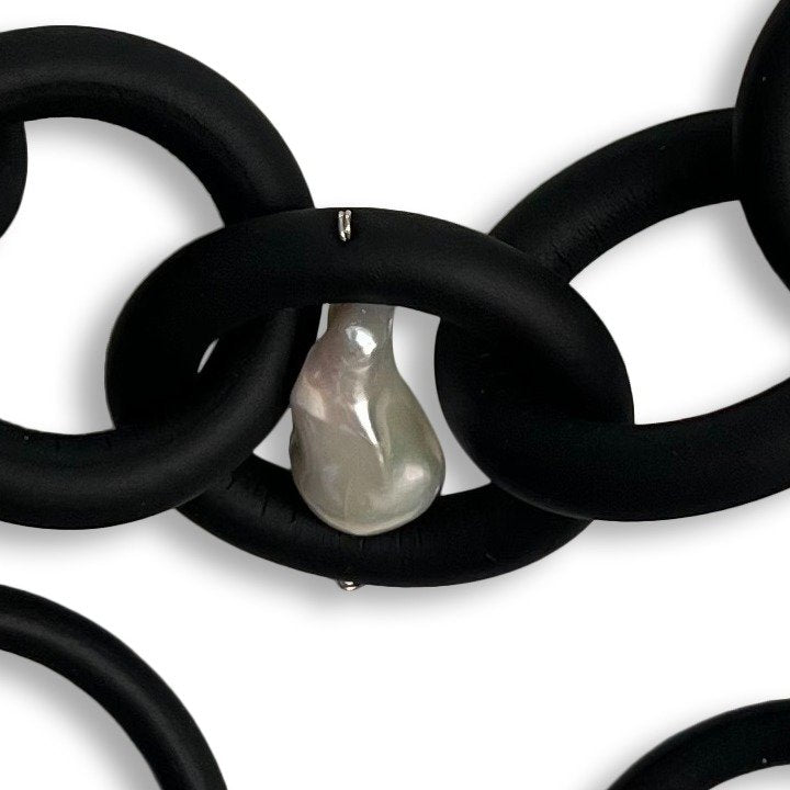 Triple Strand Black Rubber Necklace with White Baroque Pearls