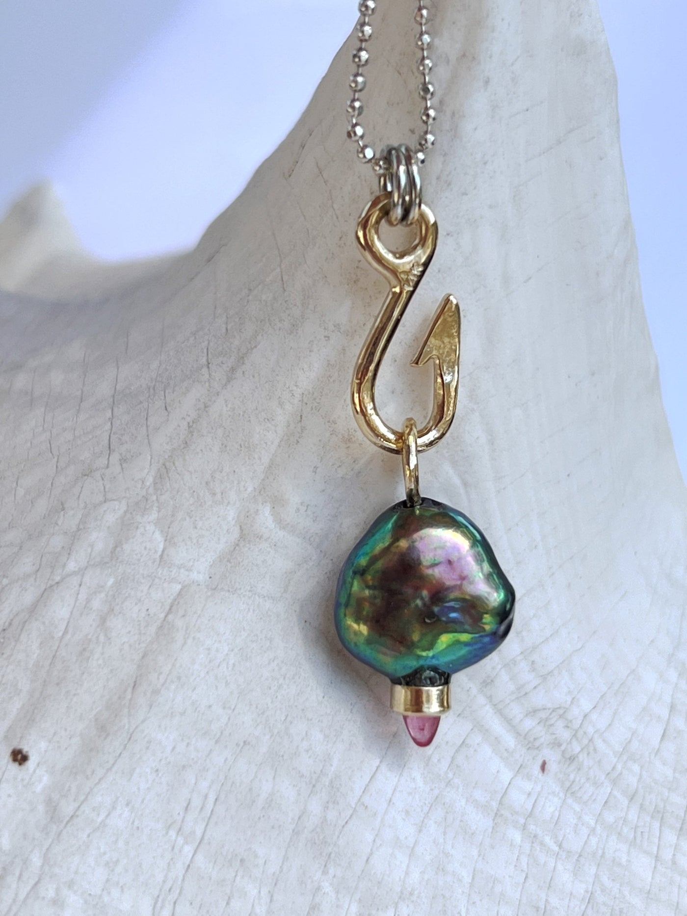 Fish Hook Catches the Peacock Pearl Charm Necklace