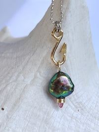 Fish Hook Catches the Peacock Pearl Charm Necklace