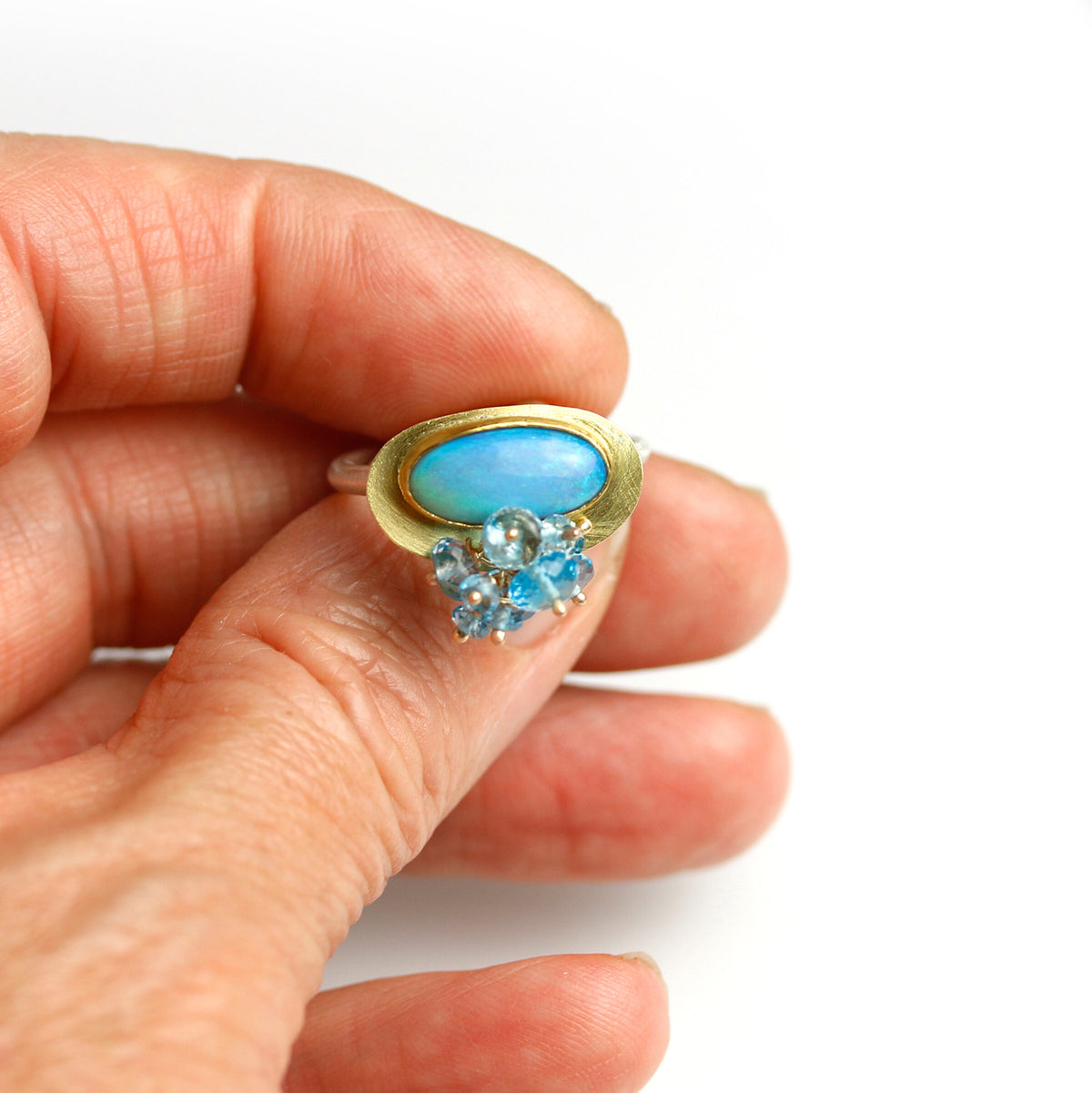 Azure Blue and Green Opal Ring with Fringe
