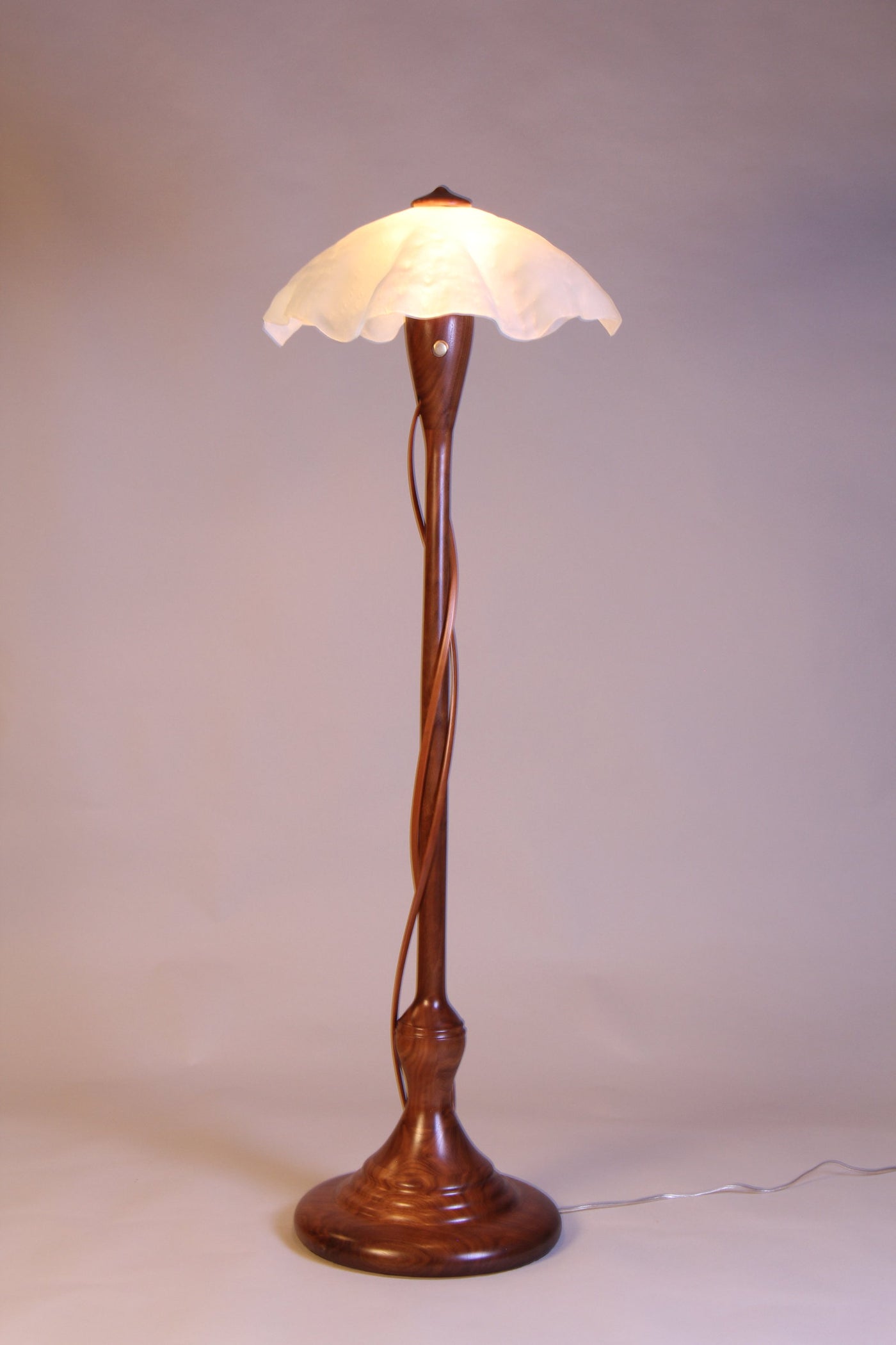 Walnut Reading Lamp with Two Cherry Tendrils and White Swirl Textured Shade